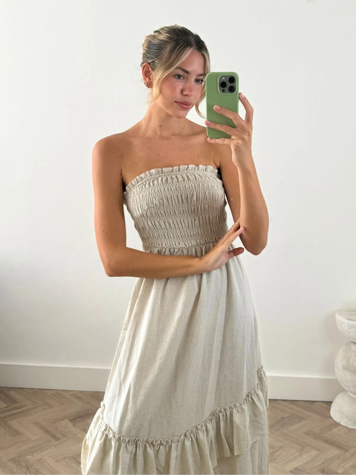 High-waist All-Occasion Look Bessie Shirred Frill Midi Dress in Cream