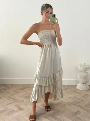 Relaxed Vibe Bessie Shirred Frill Midi Dress in Cream