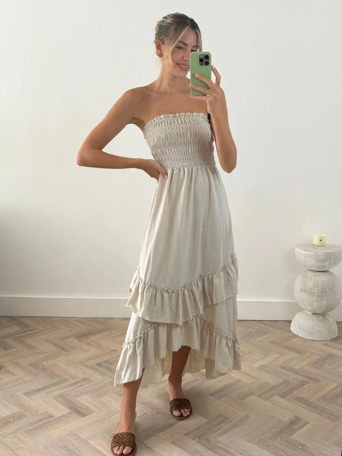 Relaxed Vibe Bessie Shirred Frill Midi Dress in Cream