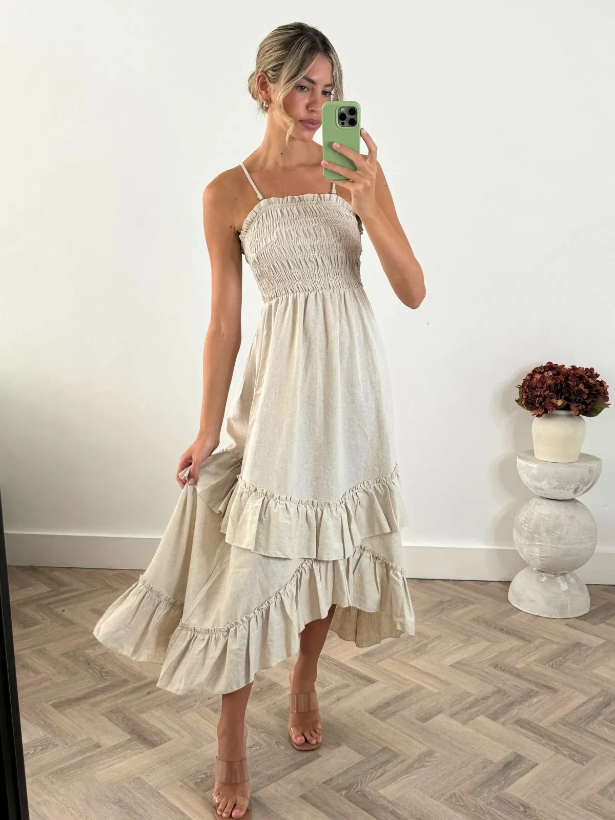 Bessie Shirred Frill Midi Dress in Cream Bold Structure Evening Tone