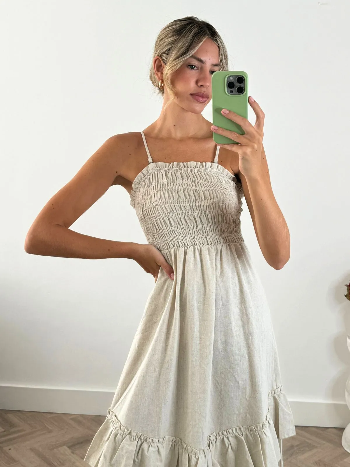 Bessie Shirred Frill Midi Dress in Cream Light Cloud