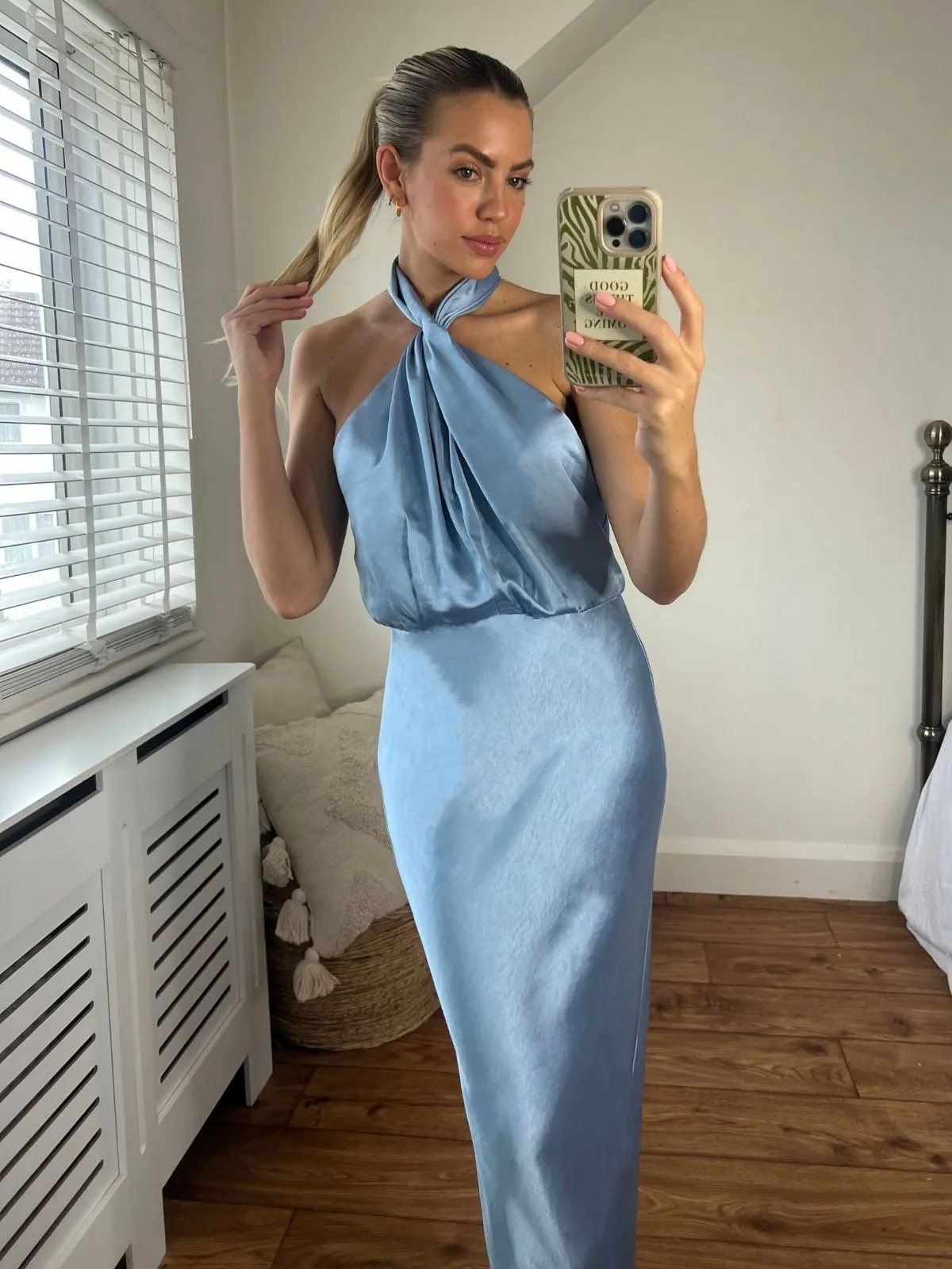 Easy Texture Modern Waistband Twist Neck Satin Maxi Dress / Slate Blue