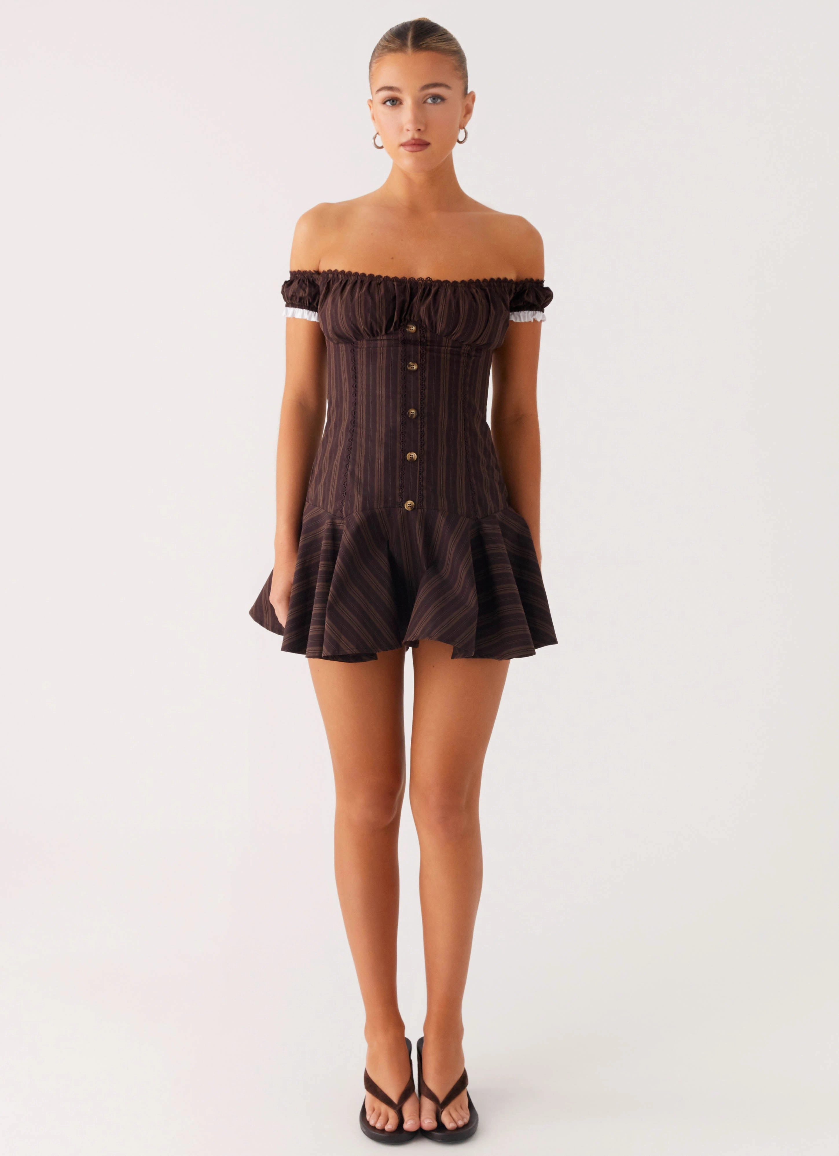 Jumana Off Shoulder Mini Dress - Toffee Stripe monochrome