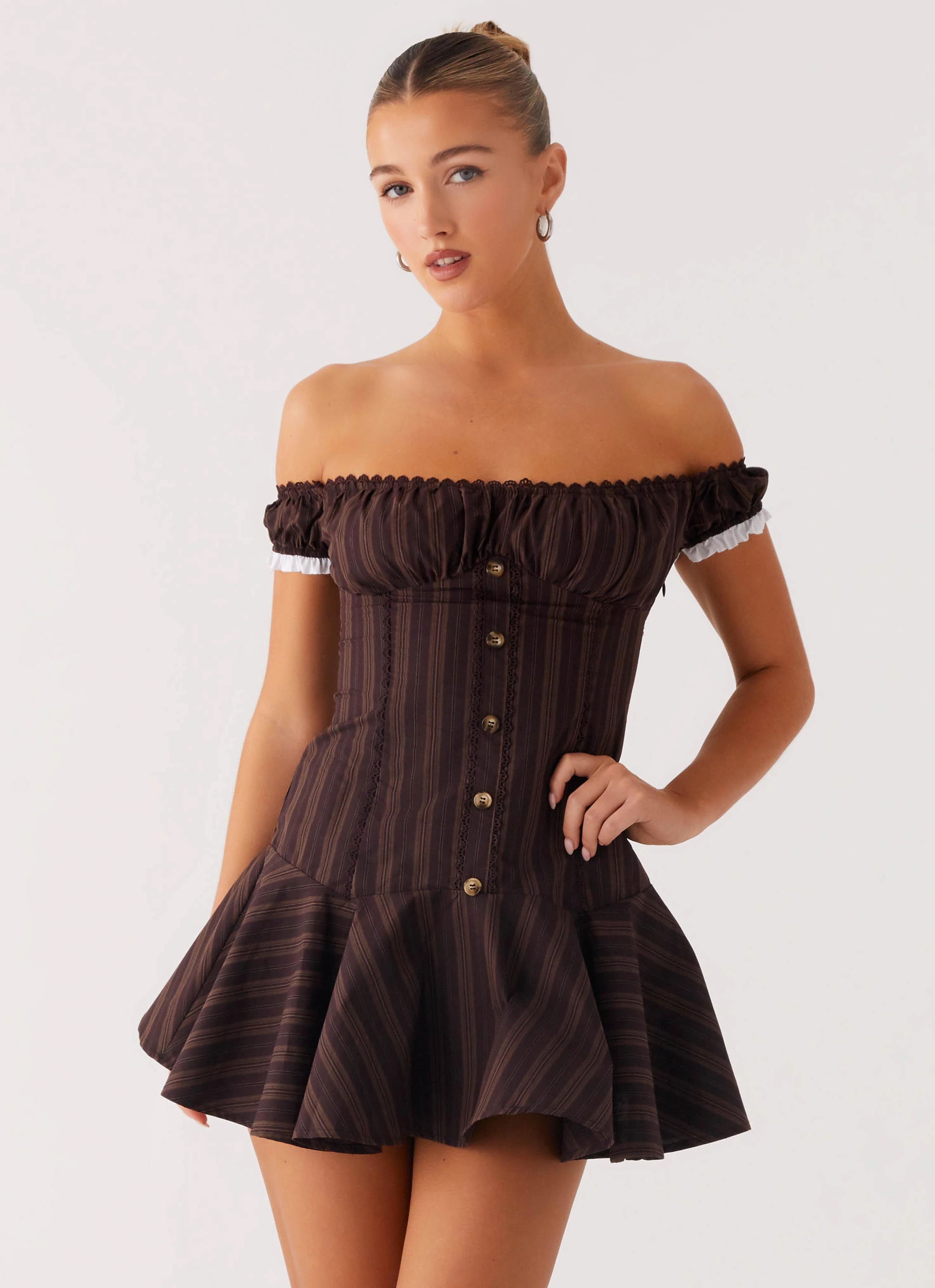 Chic Layering Flattering Shape Look Jumana Off Shoulder Mini Dress - Toffee Stripe