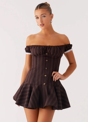 Chic Layering Flattering Shape Look Jumana Off Shoulder Mini Dress - Toffee Stripe