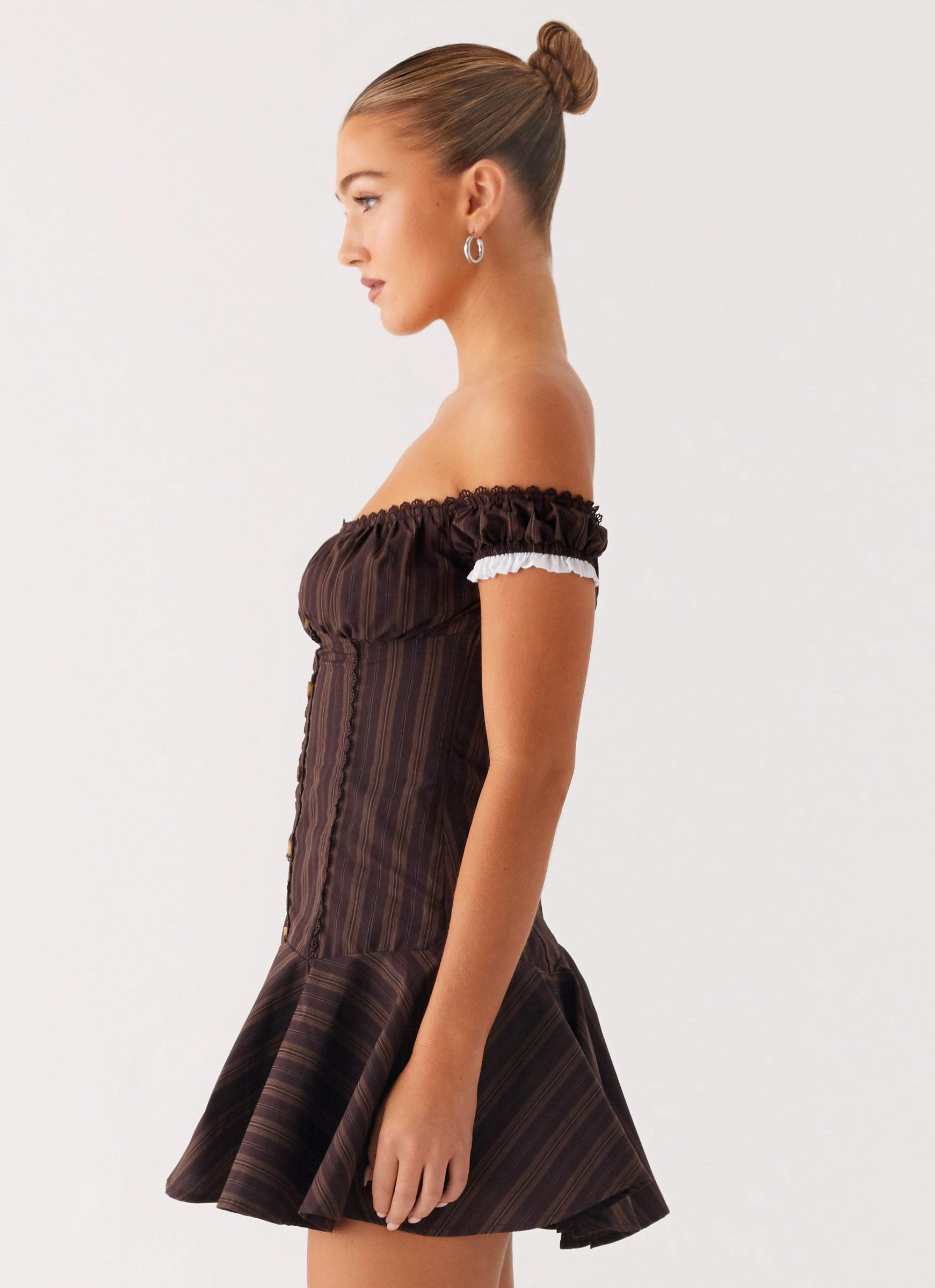 Flowy Layers Jumana Off Shoulder Mini Dress - Toffee Stripe