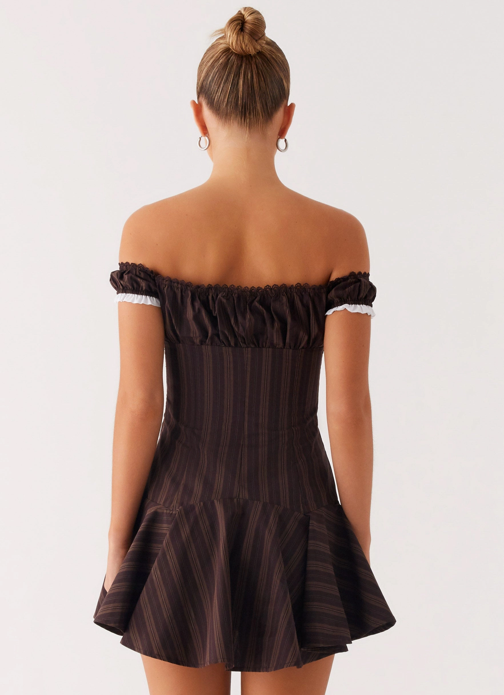 Delicate Edge Soft Wear Jumana Off Shoulder Mini Dress - Toffee Stripe