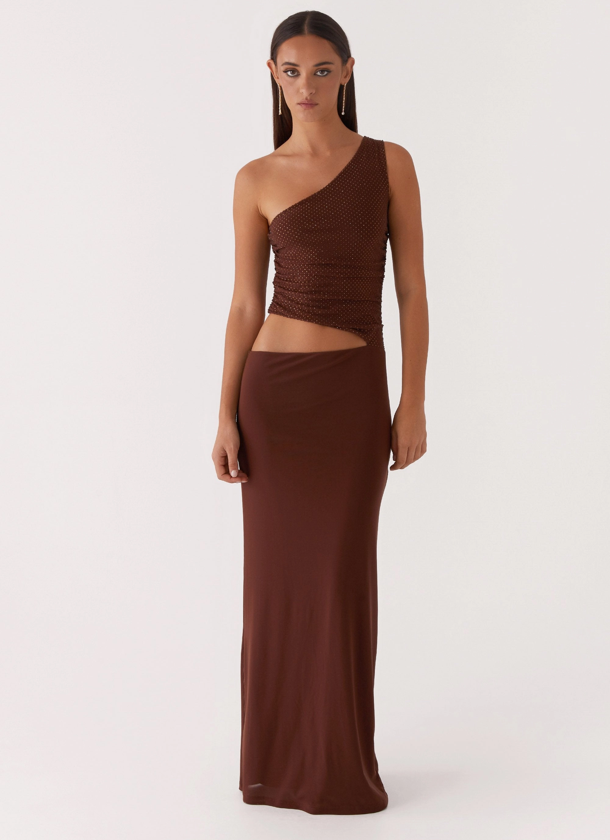 Seranella Sequin One Shoulder Maxi Dress - Chocolate Side Pleats