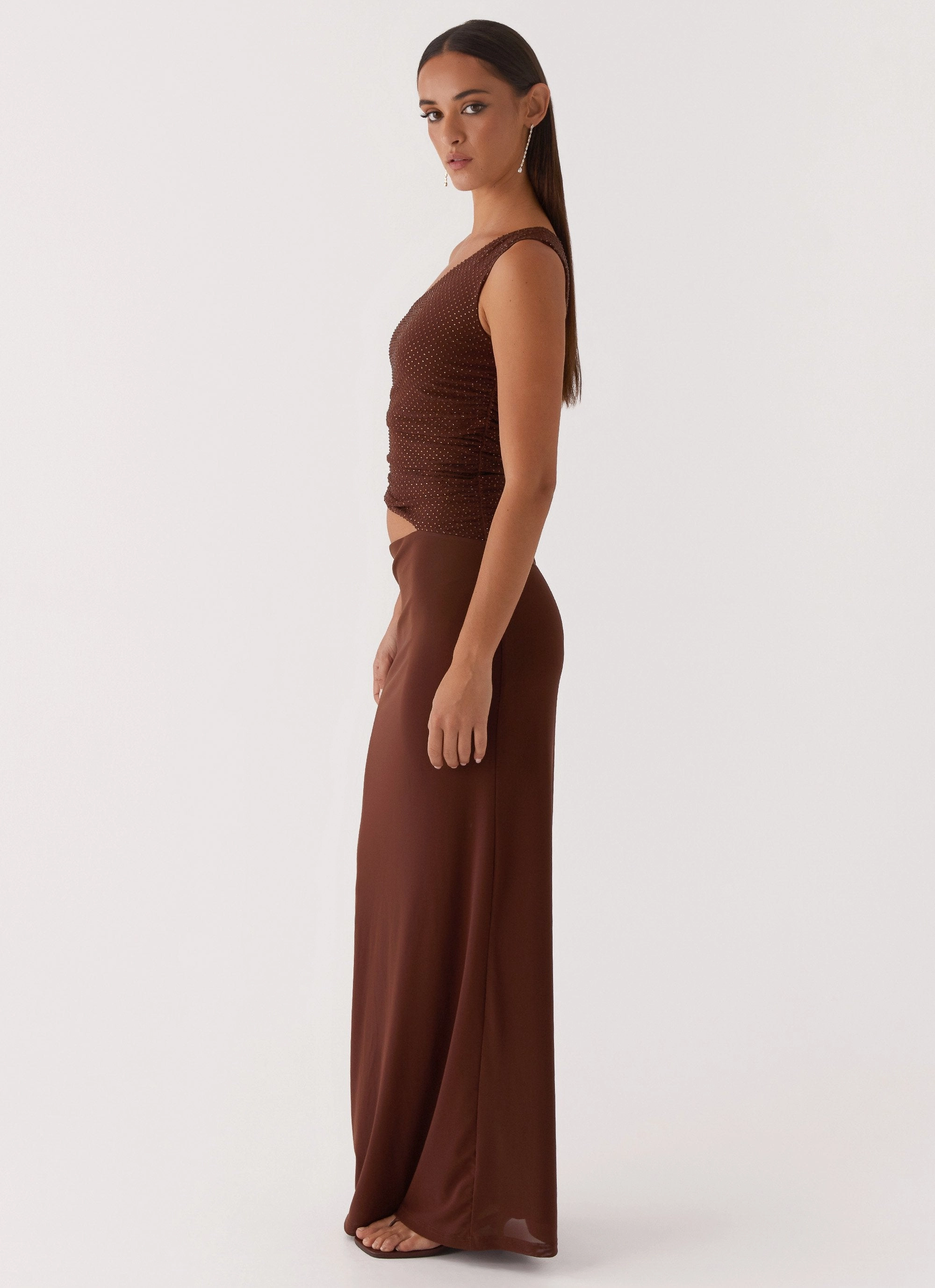 Flowing Texture Seranella Sequin One Shoulder Maxi Dress - Chocolate