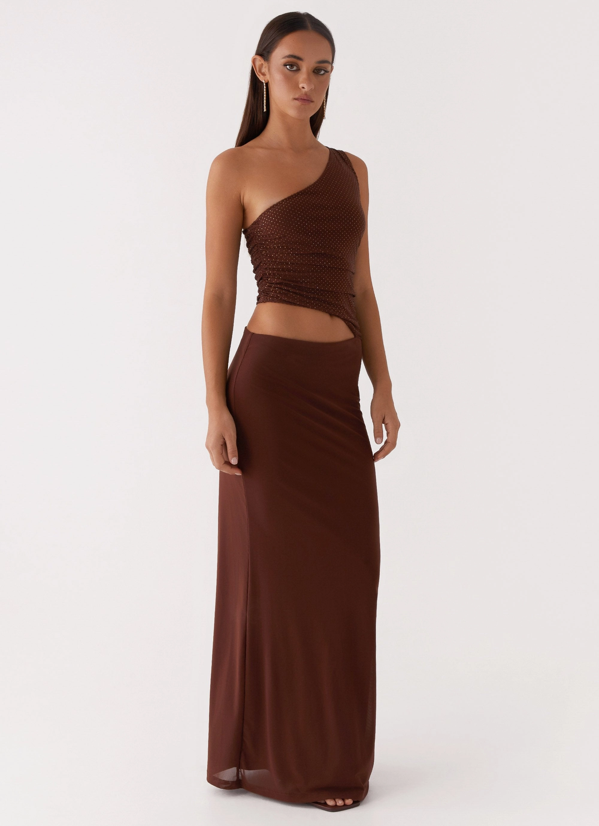 Seranella Sequin One Shoulder Maxi Dress - Chocolate Trendy And Comfortable Smocked-Detail