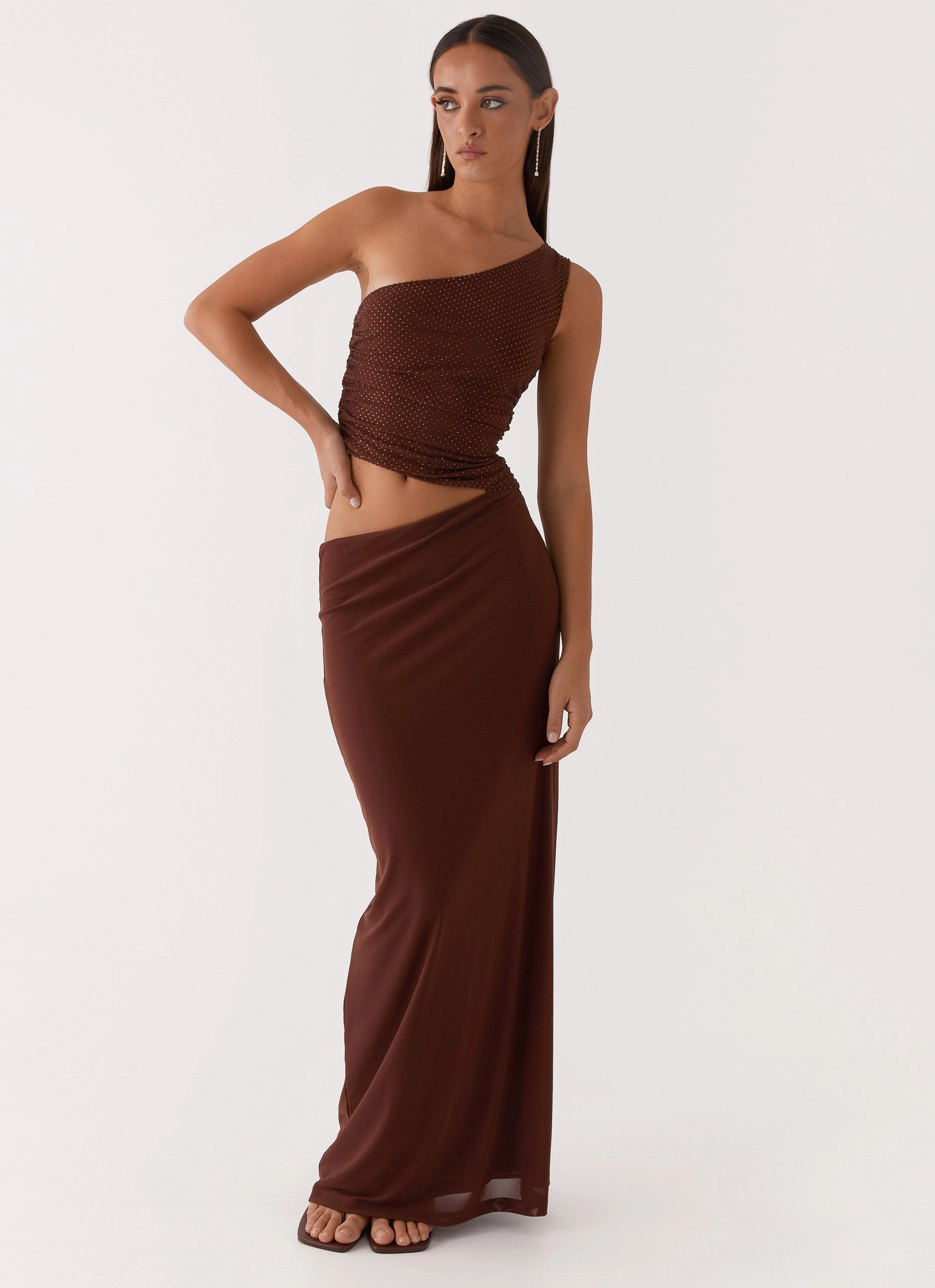 Comfortable fit Seranella Sequin One Shoulder Maxi Dress - Chocolate