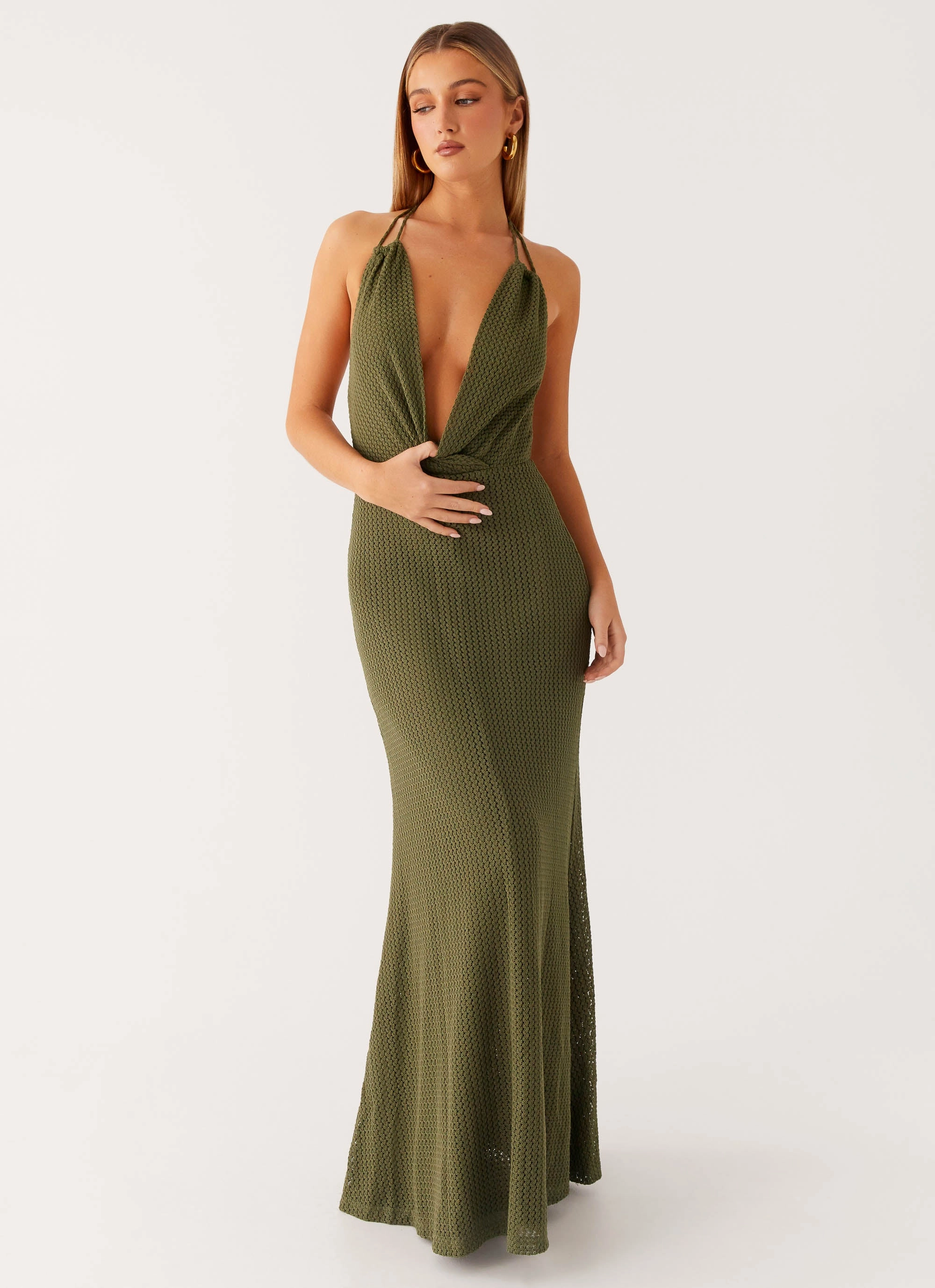 Thora Maxi Dress - Olive High Hemline