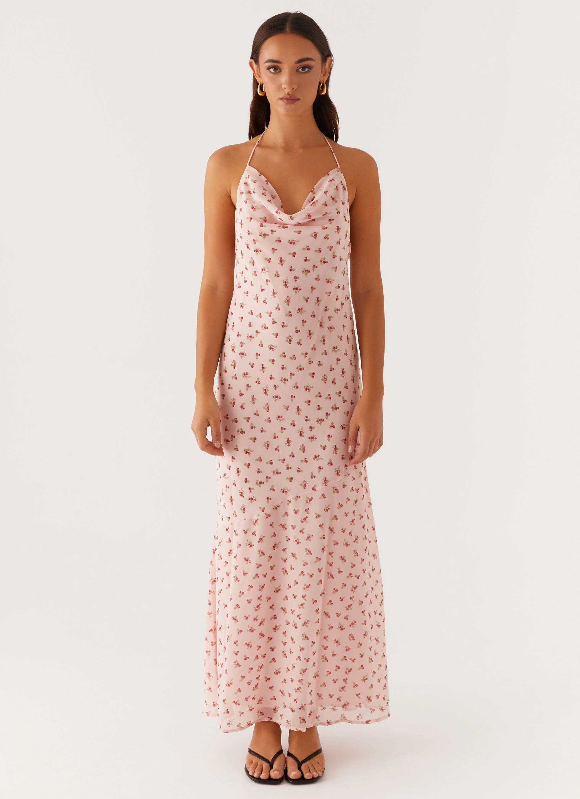 Alianna Cowl Neck Mesh Maxi Dress - Pink Flower Love Soft