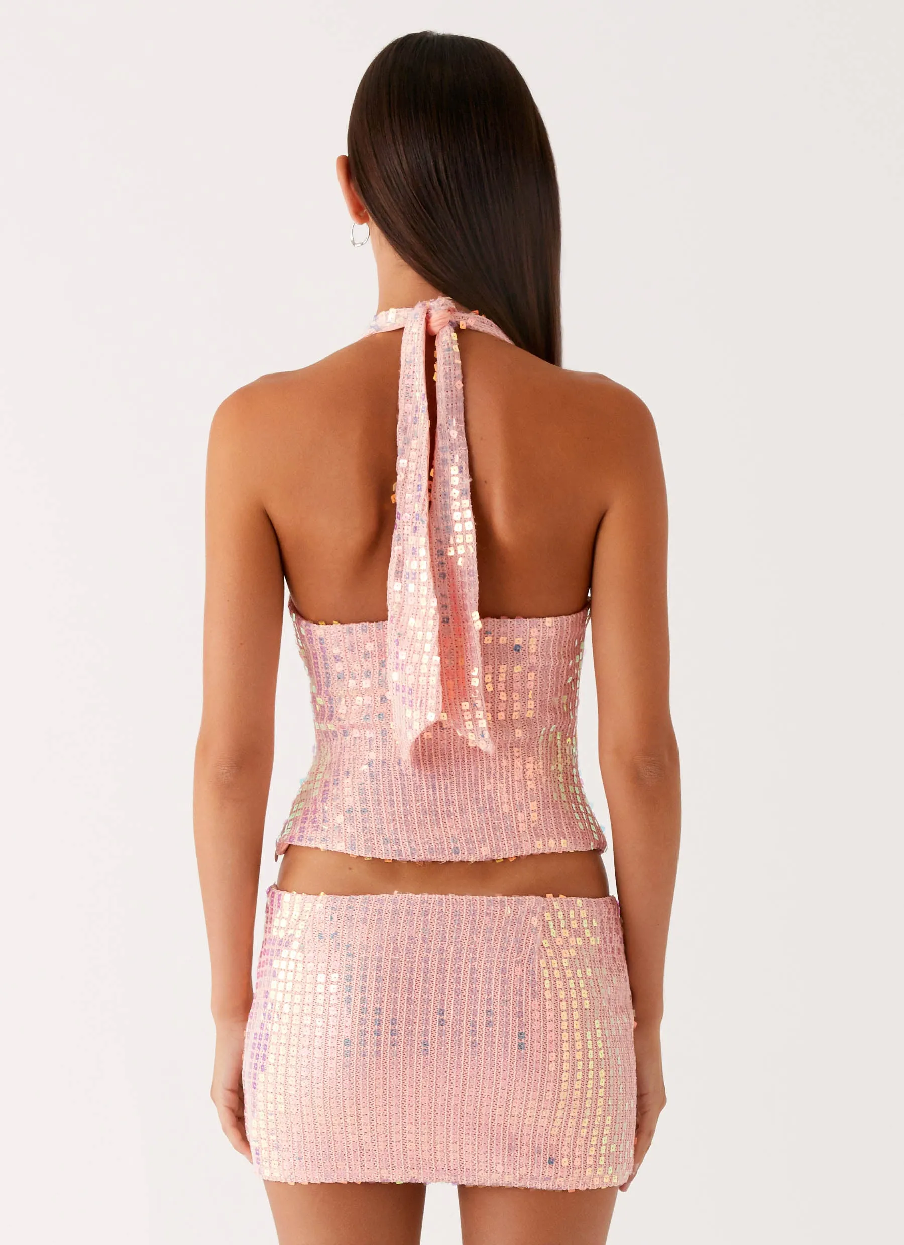 Been That Girl Knit Sequin Mini Skirt - Iridescent Pink Aesthetic Fit