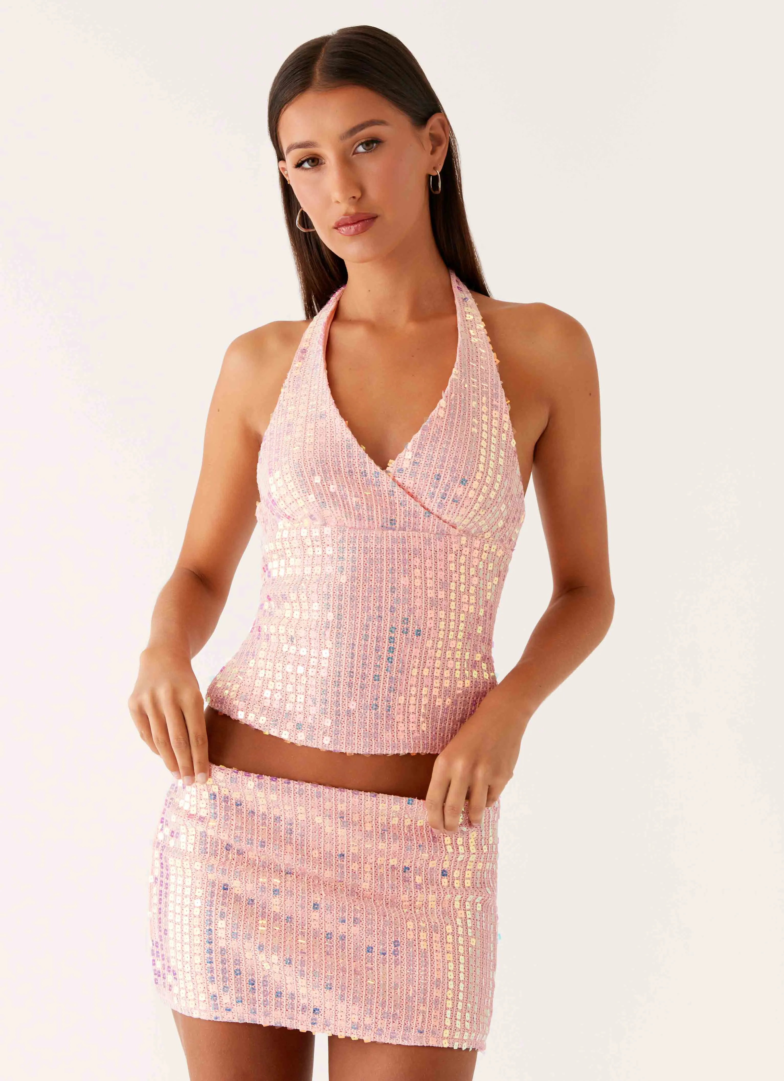 Thermal Regulating Wardrobe Classic Been That Girl Knit Sequin Mini Skirt - Iridescent Pink