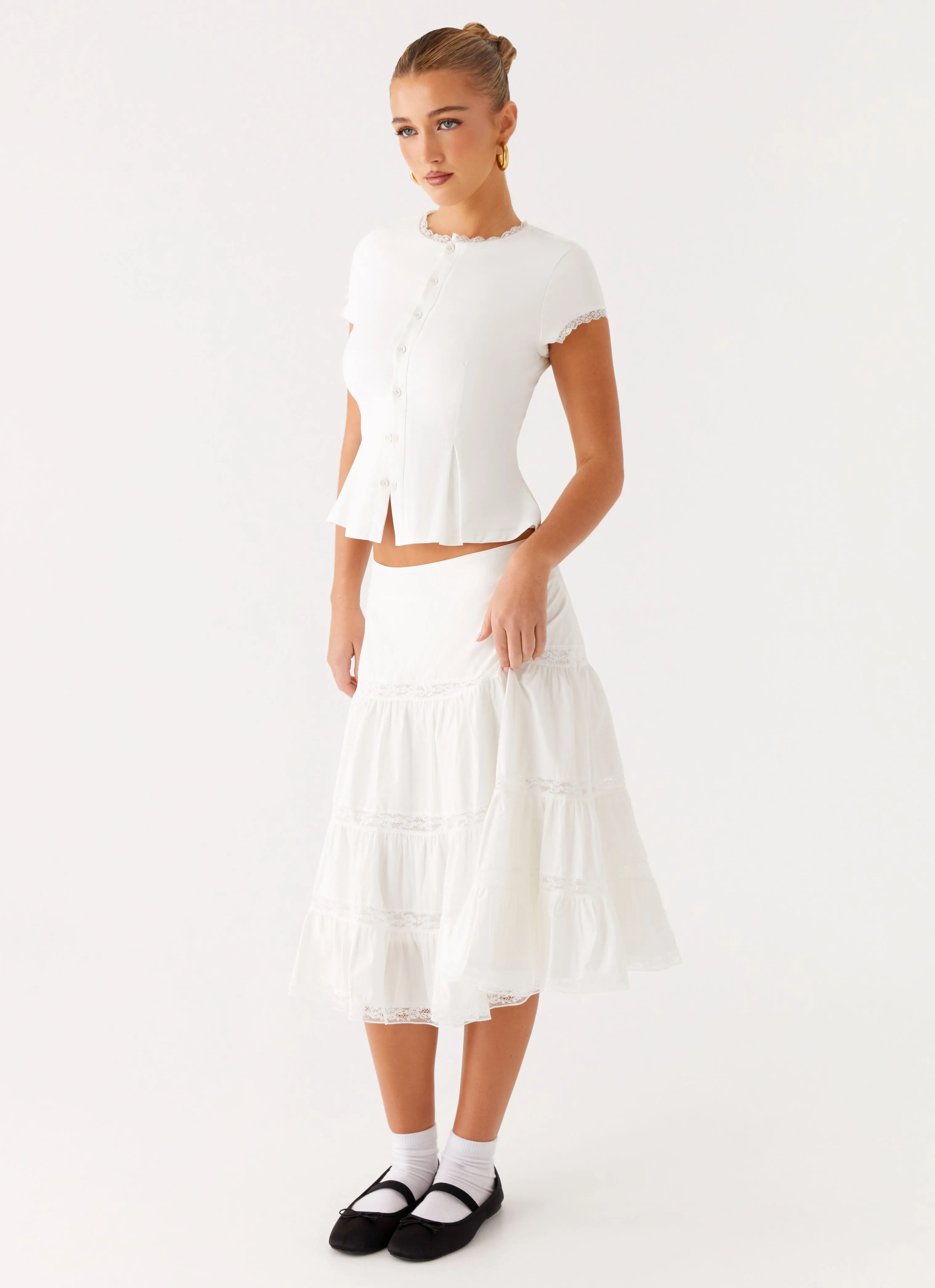 Good Vibes Midi Skirt - White Button Fastenings Artisan Print
