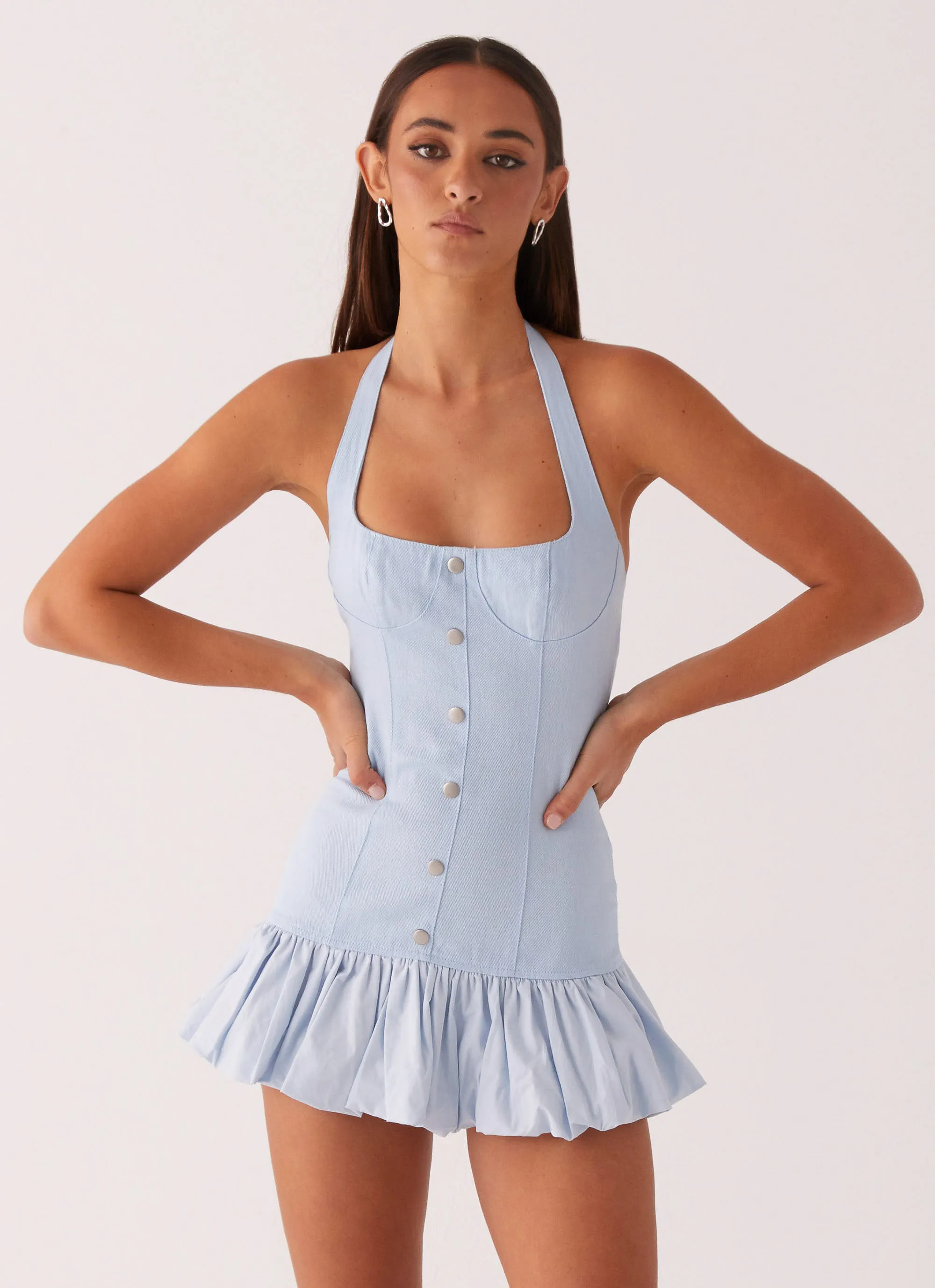 Streamlined Design Georgina Denim Mini Dress - Light Blue