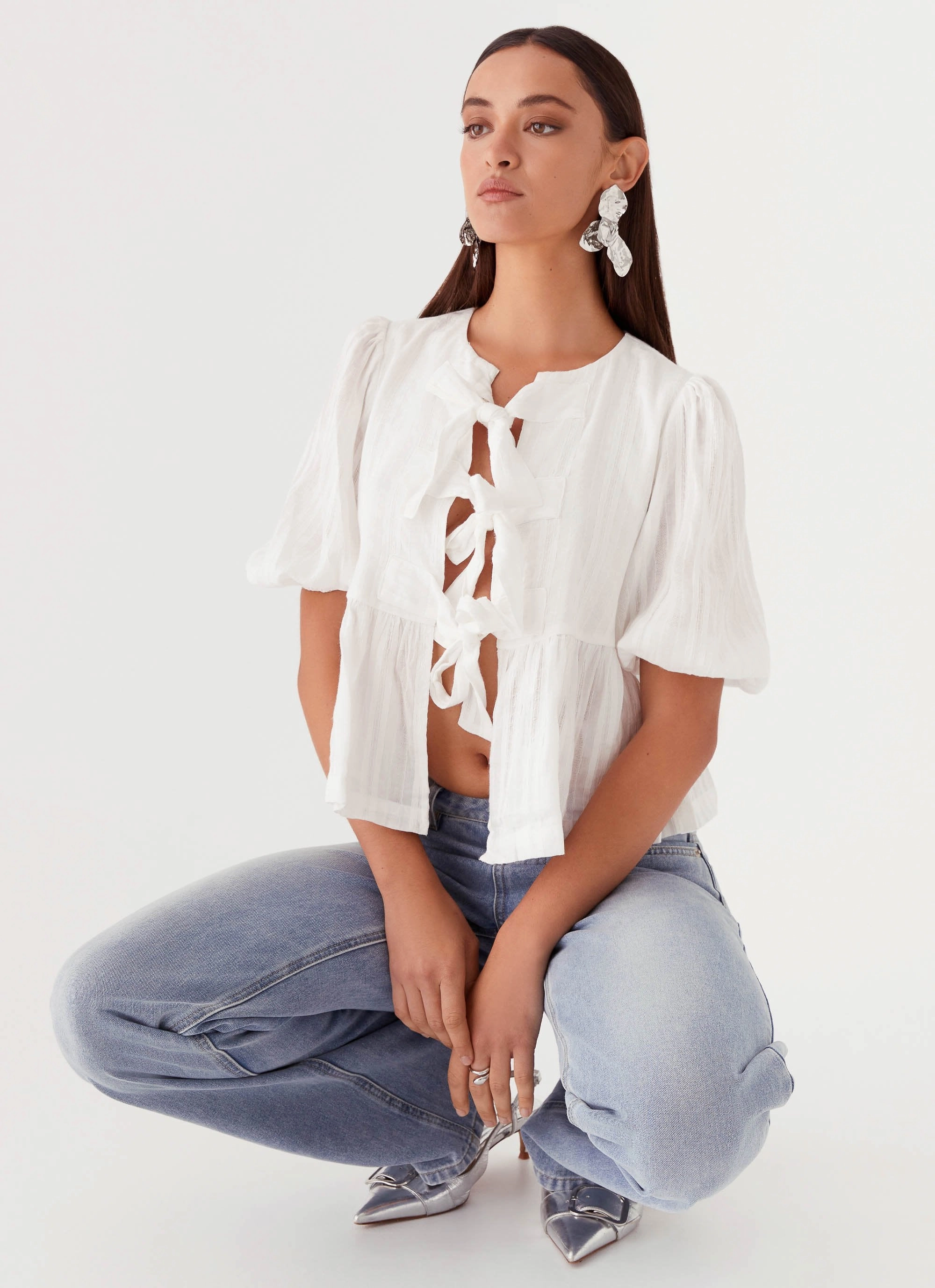 DoubleNeedle Stitching Western Wind Tie Top - White