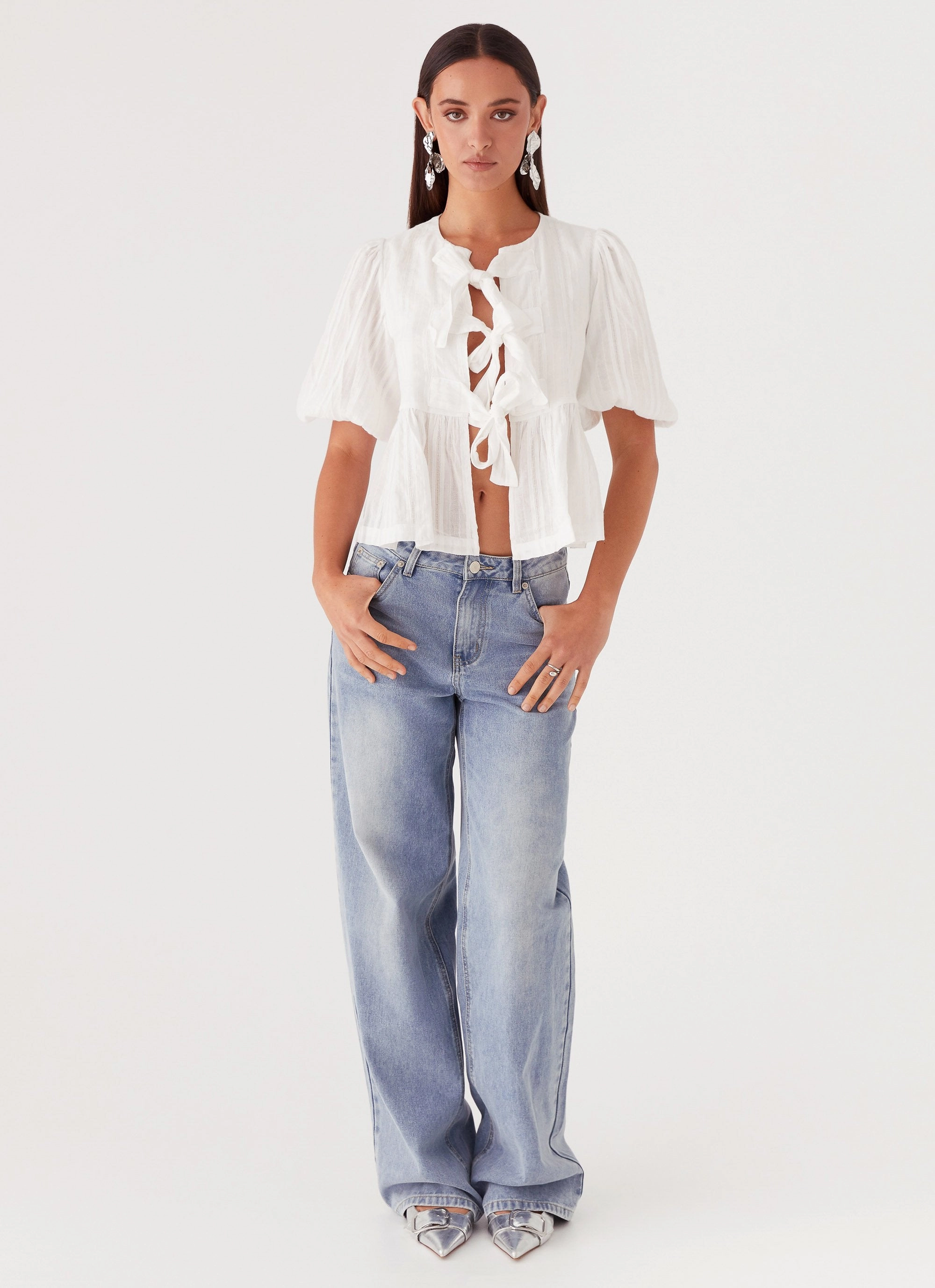 Western Wind Tie Top - White Wind Resistant Fabric Lightweight Layering Option