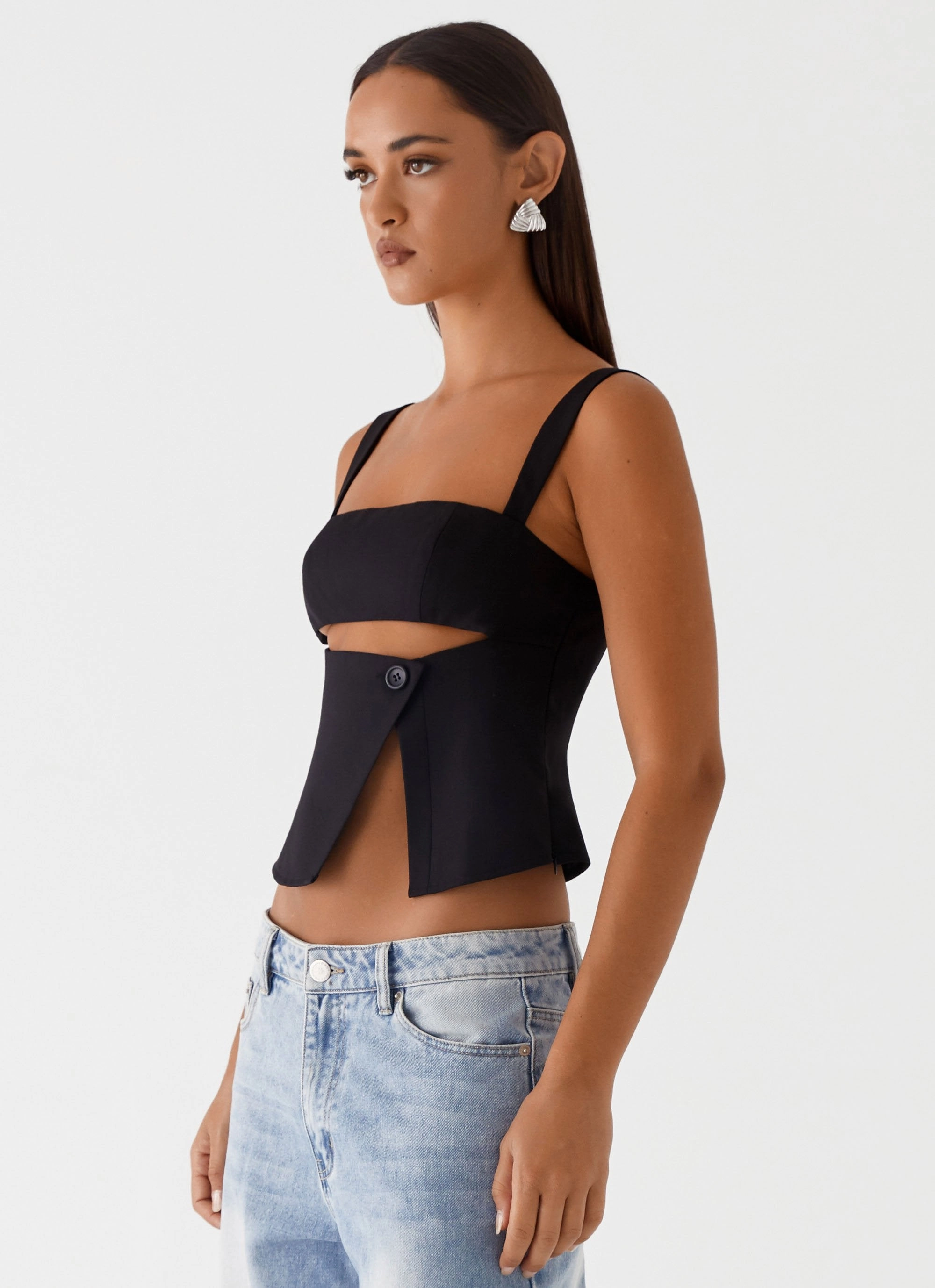 Asymmetrical hem Ribbed collar Pia Cut Out Top - Black
