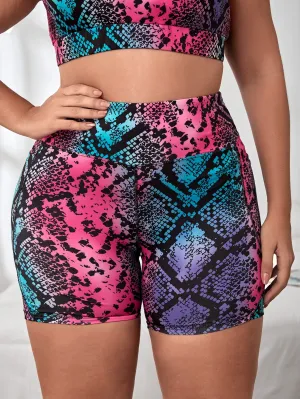 Snakeskin Print High Waist Plus Size Sports Shorts
