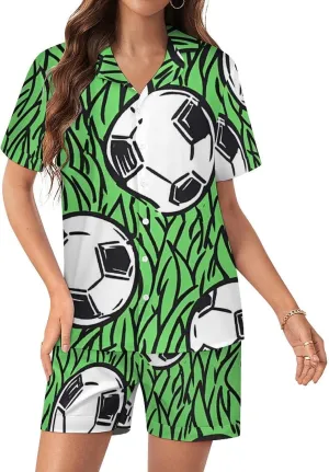 Soccer Balls On Grass Satin Pajamas For Women Set Botton Down Short Sleeves Silk Sleepwear