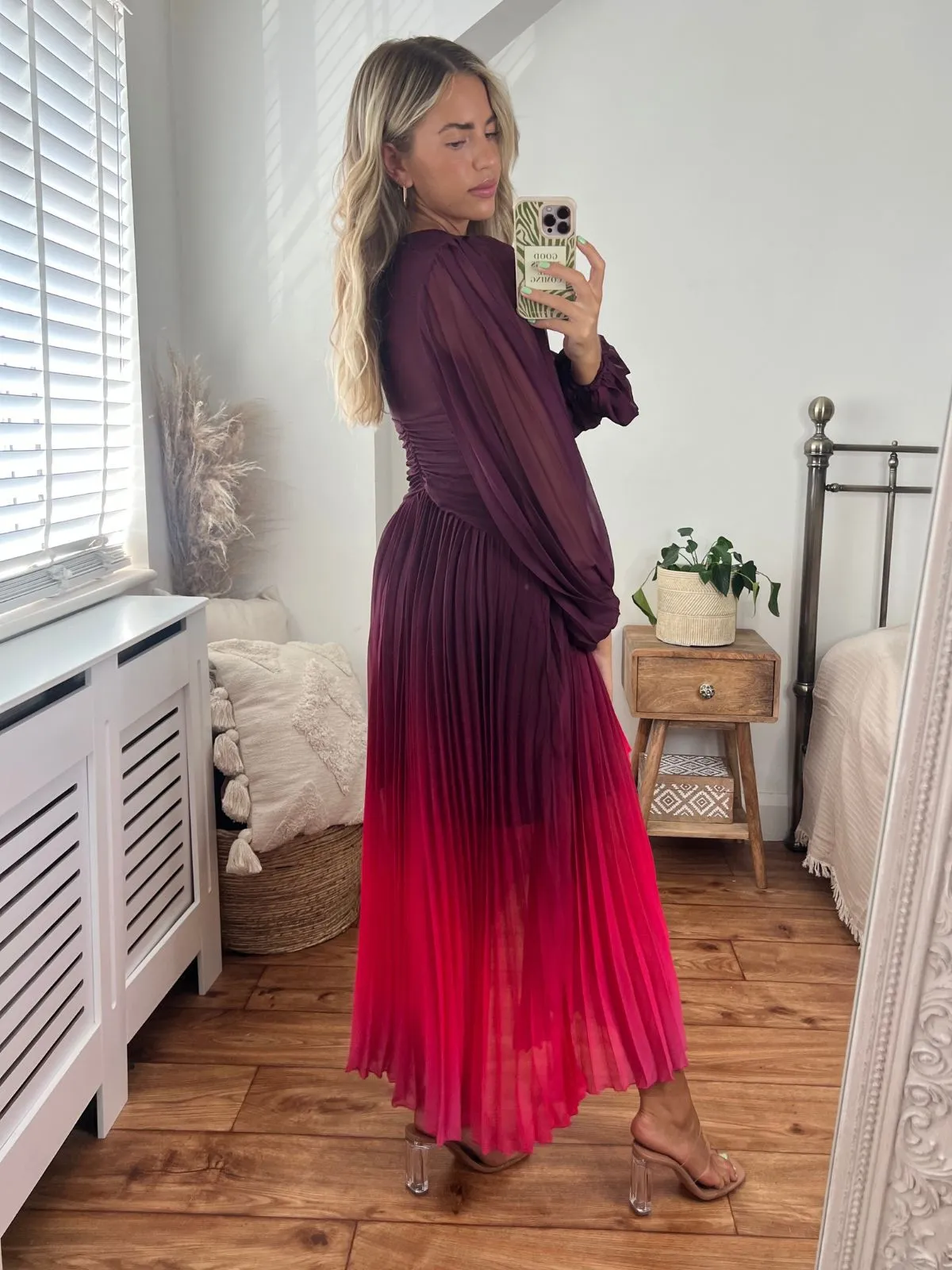 Toni Long Sleeved Pleated Maxi Dress / Mulberry & Pink Ombre Soft Weave