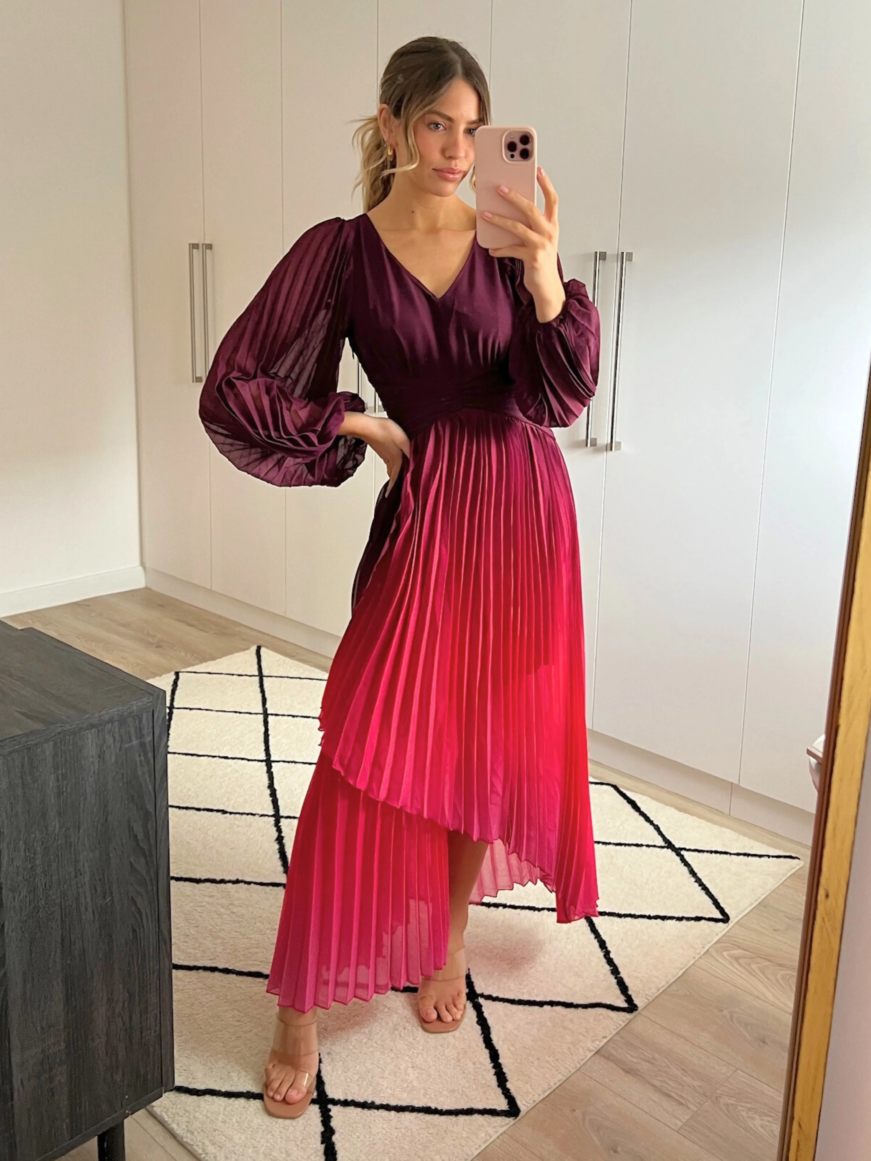 Toni Long Sleeved Pleated Maxi Dress / Mulberry & Pink Ombre Fair-Trade