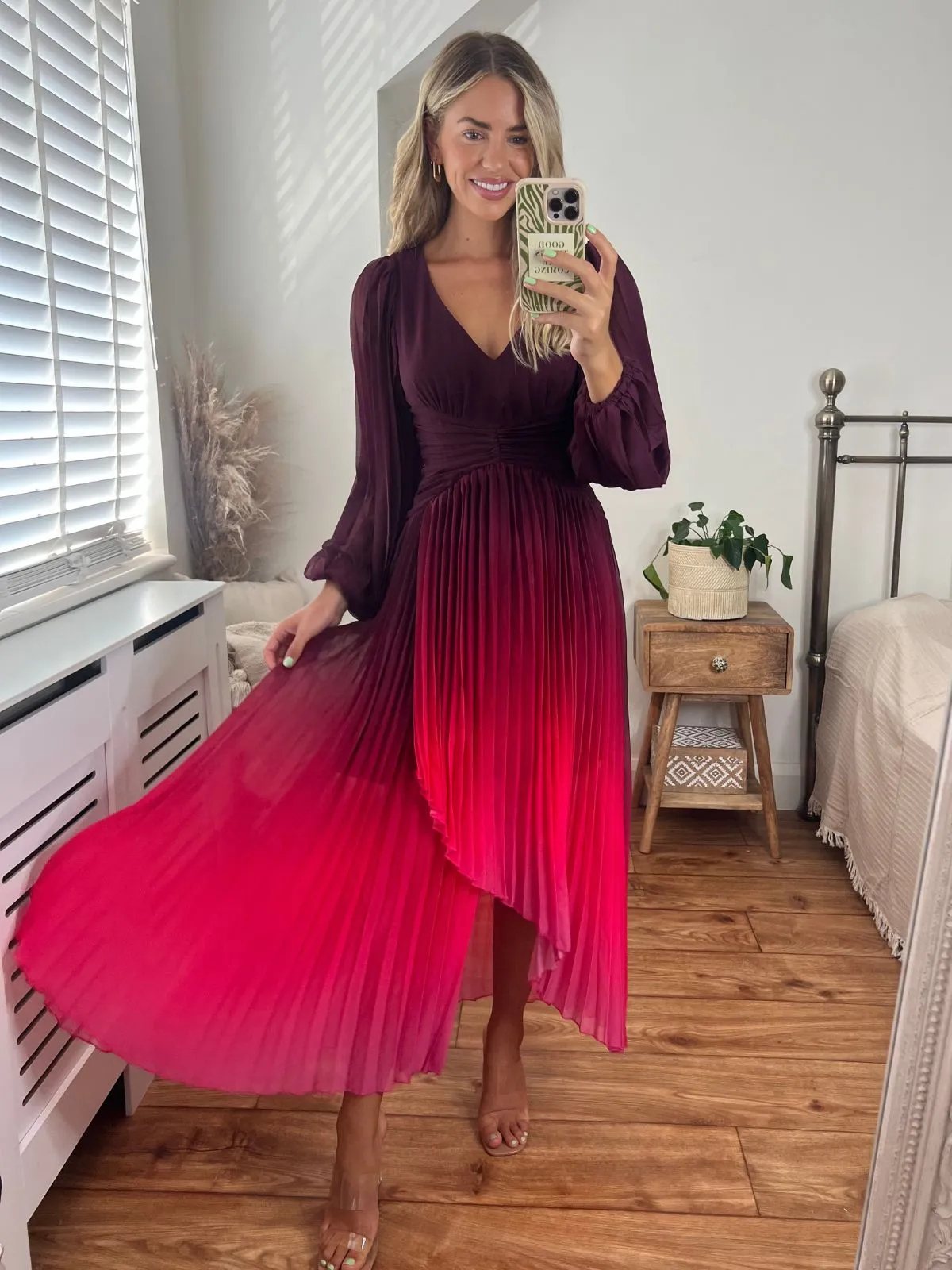 Relax Draping Toni Long Sleeved Pleated Maxi Dress / Mulberry & Pink Ombre
