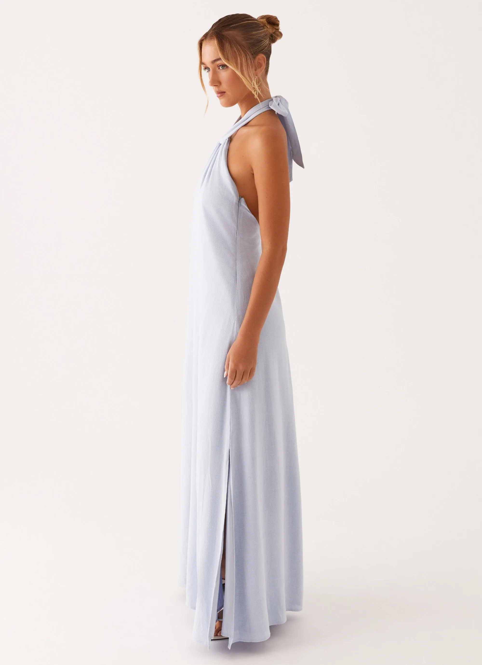 Golden Child Linen Maxi Dress - Blue Classic Collar Comfort Wear