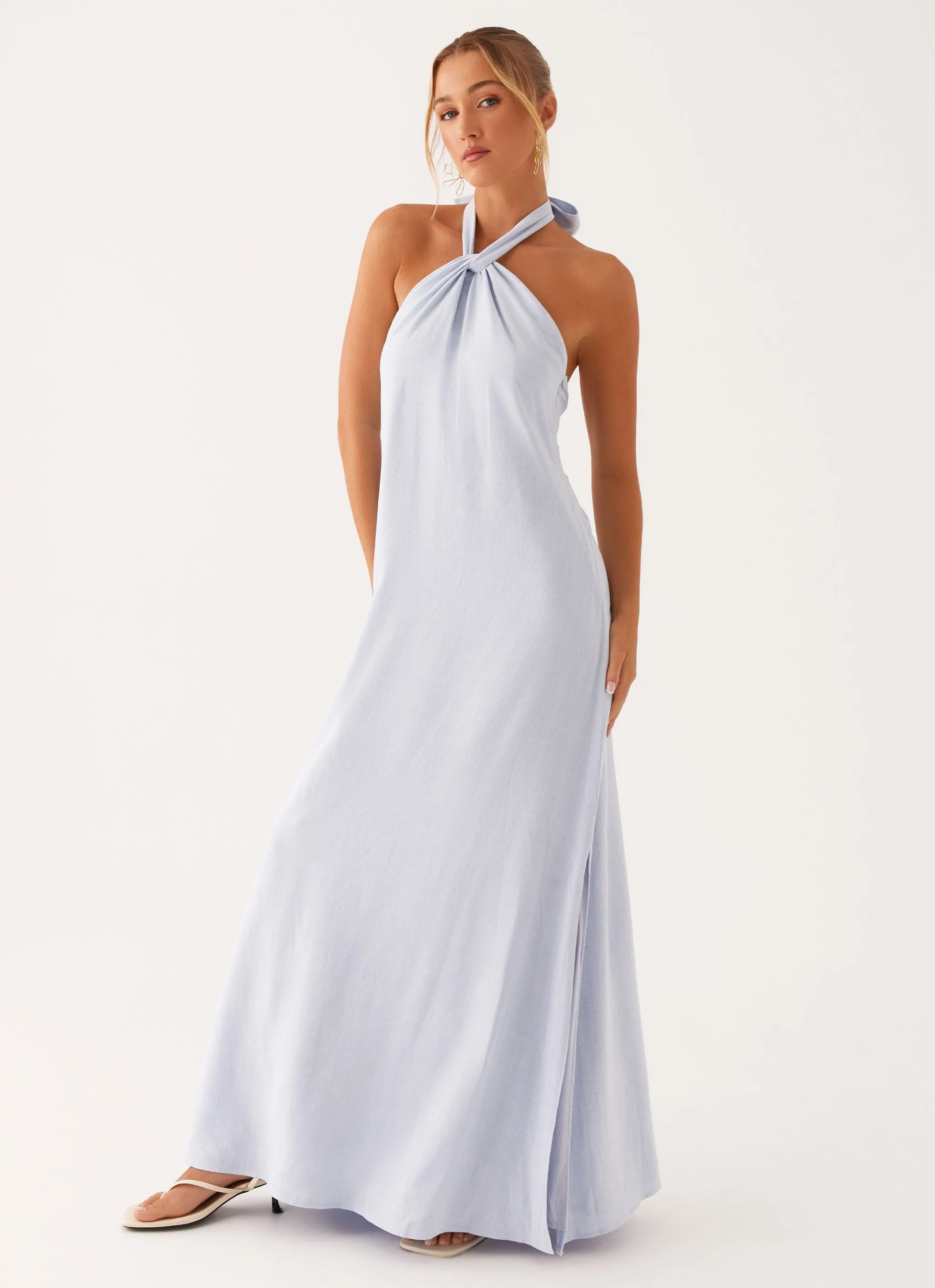 Adjustable Cuffs Golden Child Linen Maxi Dress - Blue