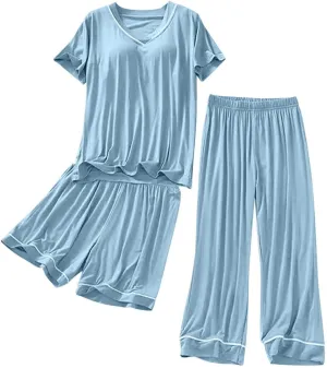 Soft Modal Capri Pants Summer Pajama Sets for Women Comfy Shorts Sleepwear Short Sleeve Loose Loungewear Set 3 Piece Outfits