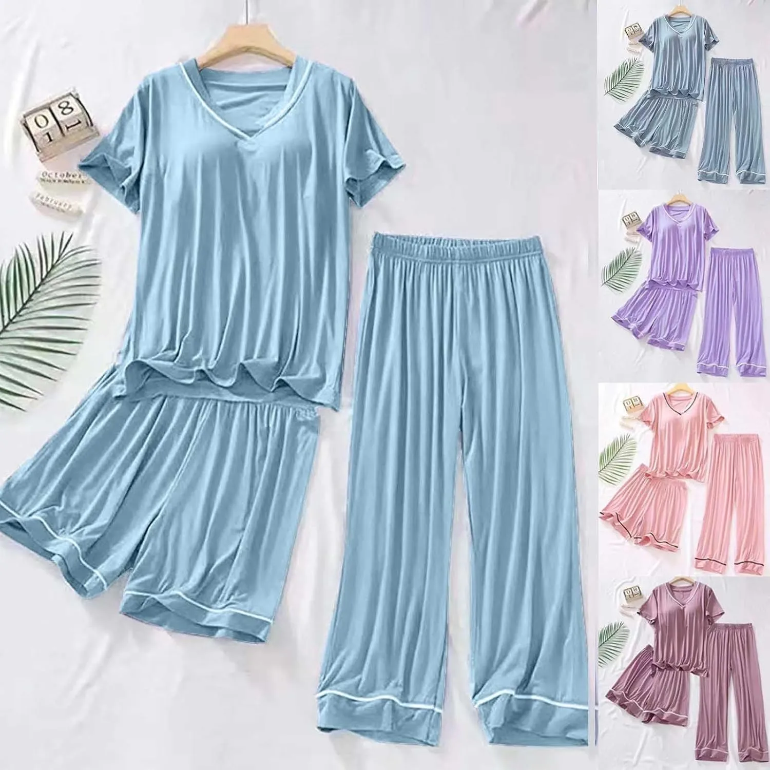 Soft Modal Capri Pants Summer Pajama Sets for Women Comfy Shorts Sleepwear Short Sleeve Loose Loungewear Set 3 Piece Outfits