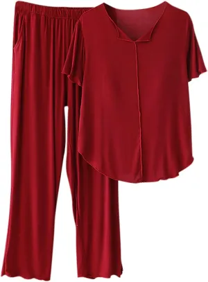Soft Modal Pajamas for Women Bulit-in-Bra Loose Short Sleeve Sleepwear Summer Comfy Long Pants Pjs Loungewear Sets
