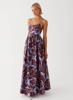 Soft and Relaxed Tesoro Maxi Dress - Brown Purple Floral Relax Layers Stylish Look Tesoro Maxi Dress - Brown Purple Floral