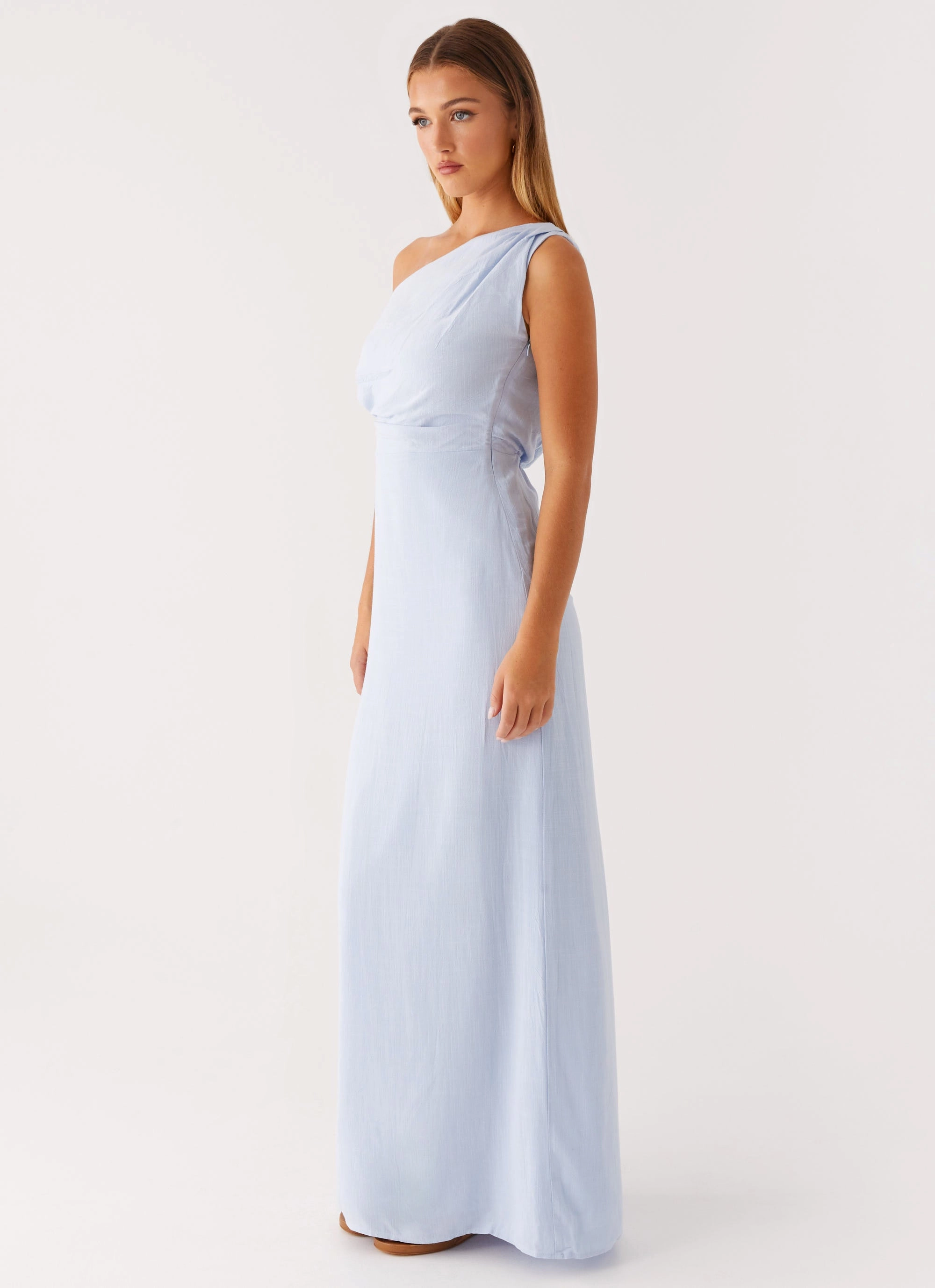 Evening Tone A-Line Lady Love Linen Maxi Dress - Blue