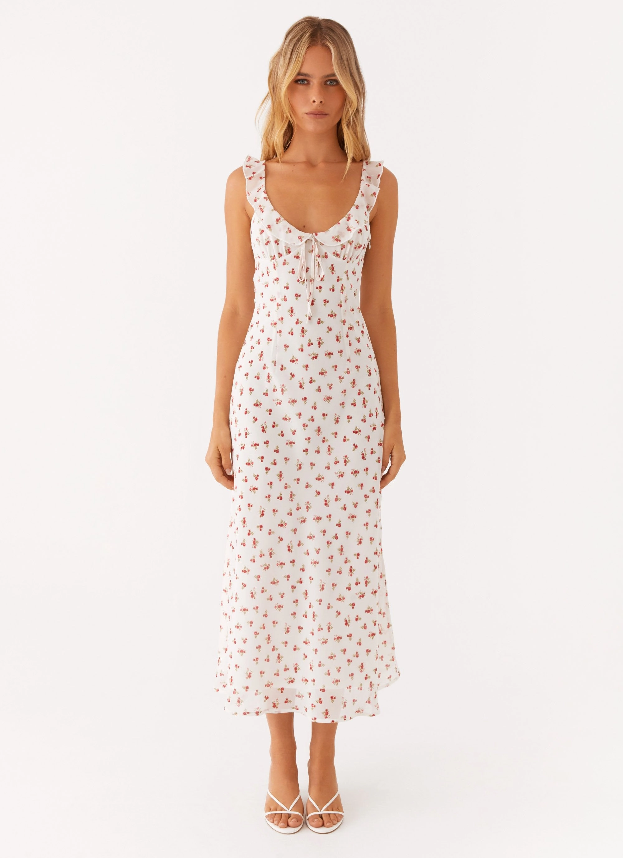 Second Guessing Midi Dress - Red White Floral Light and Comfortable Wear