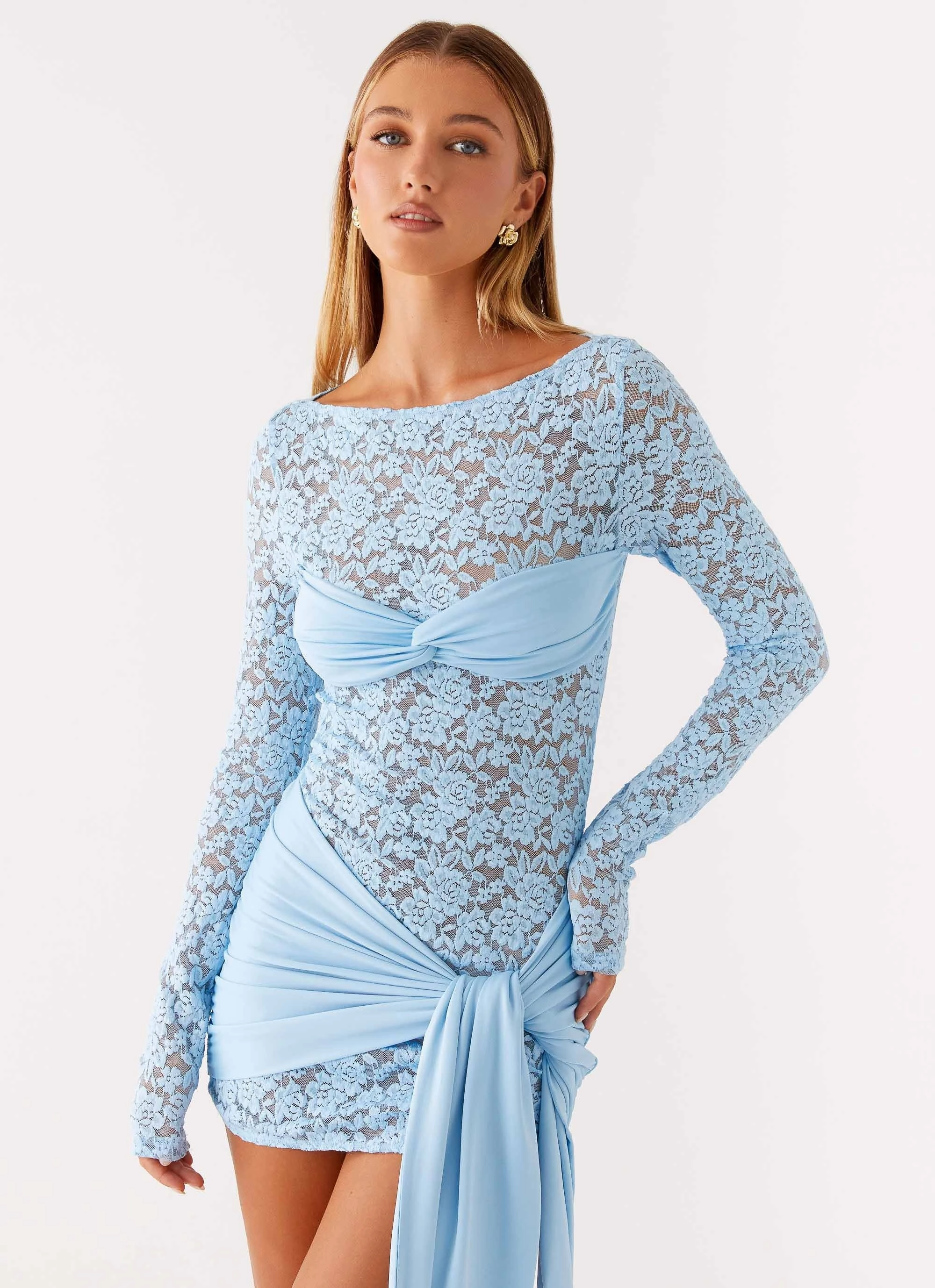 Consie Long Sleeve Mini Dress - Pale Blue Feminine Charm Classic Comfort