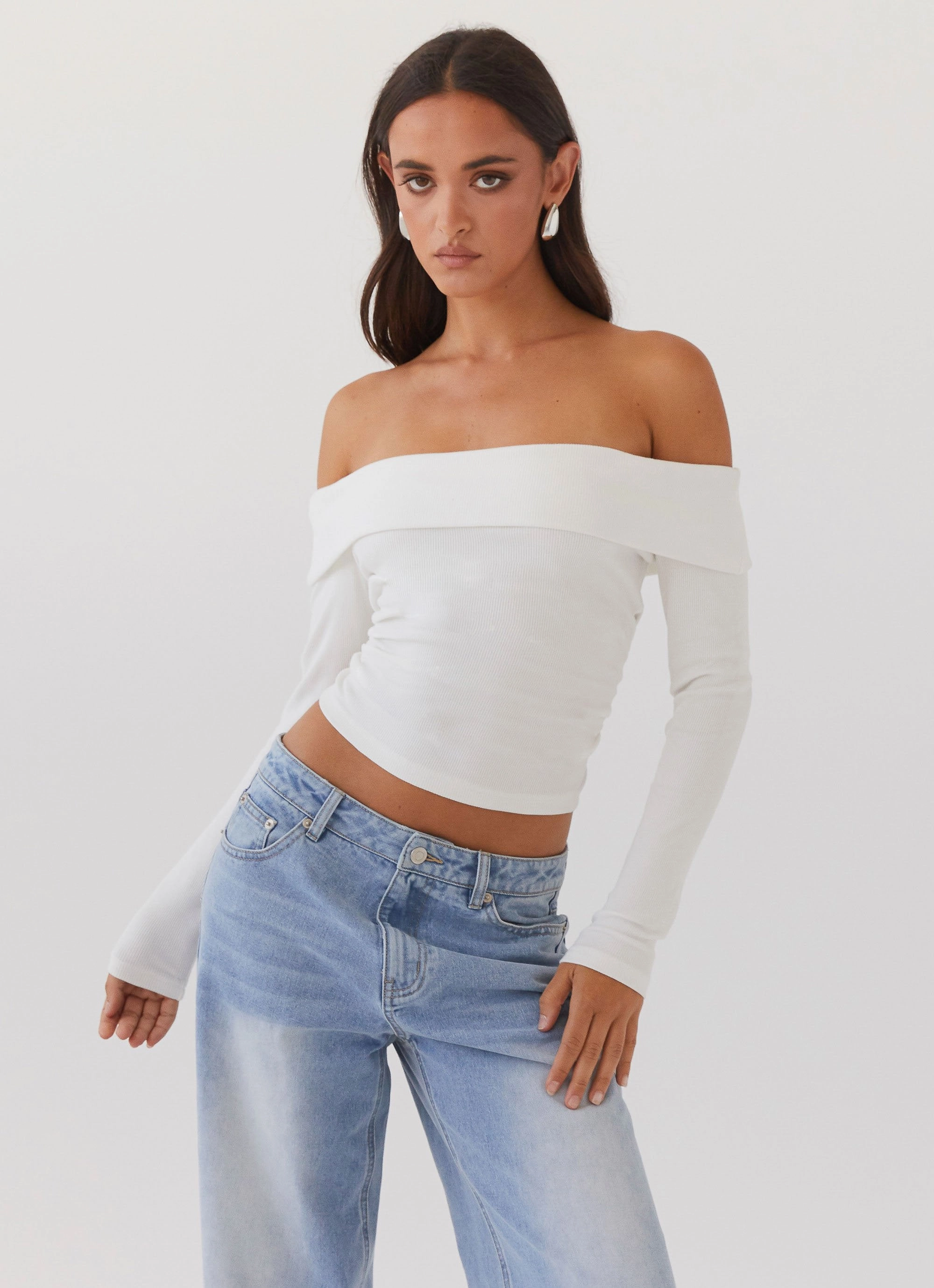 StretchKnit Hayley Long Sleeve Ribbed Top - White