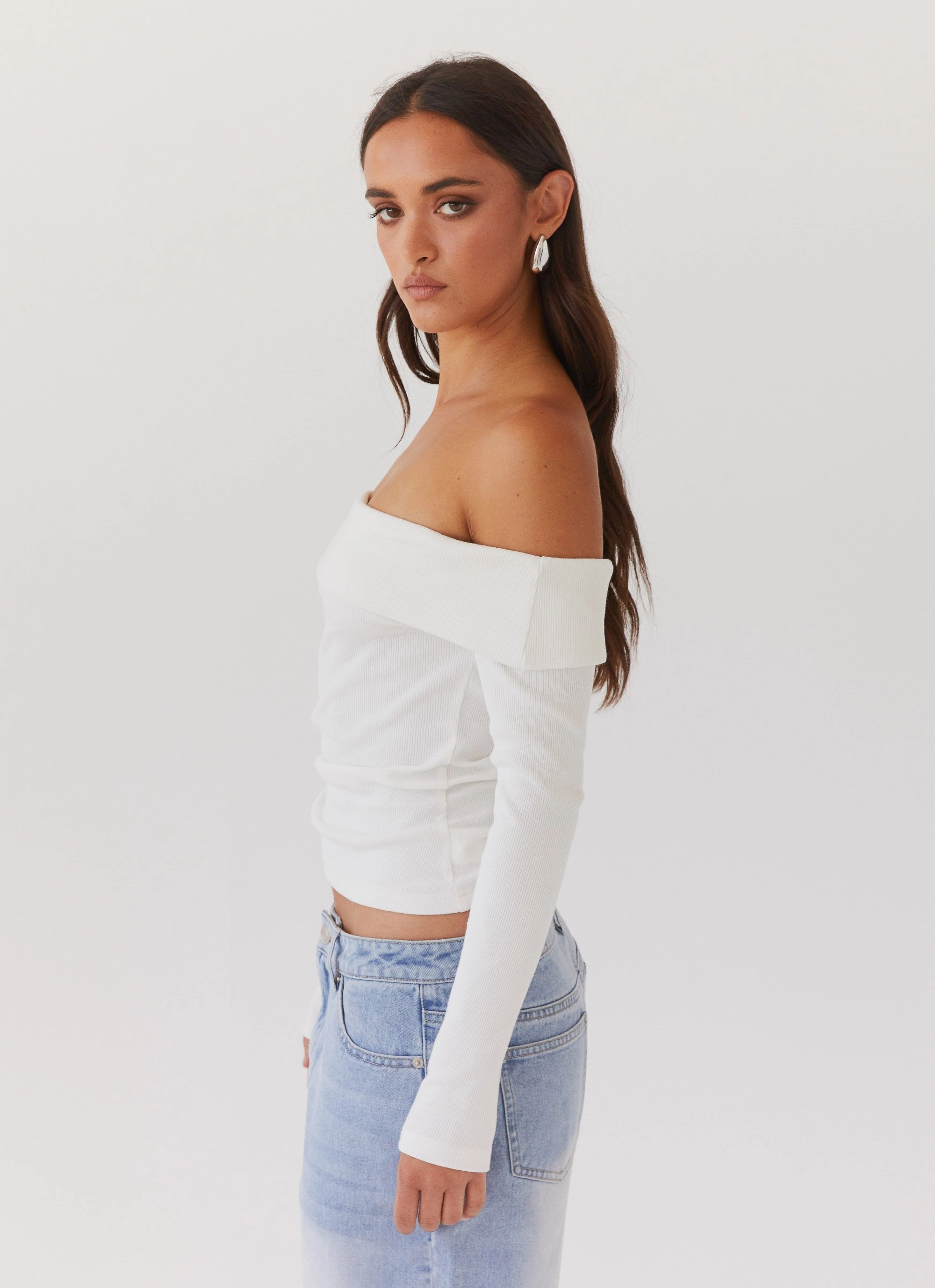 Silicone Grip Interior Hayley Long Sleeve Ribbed Top - White