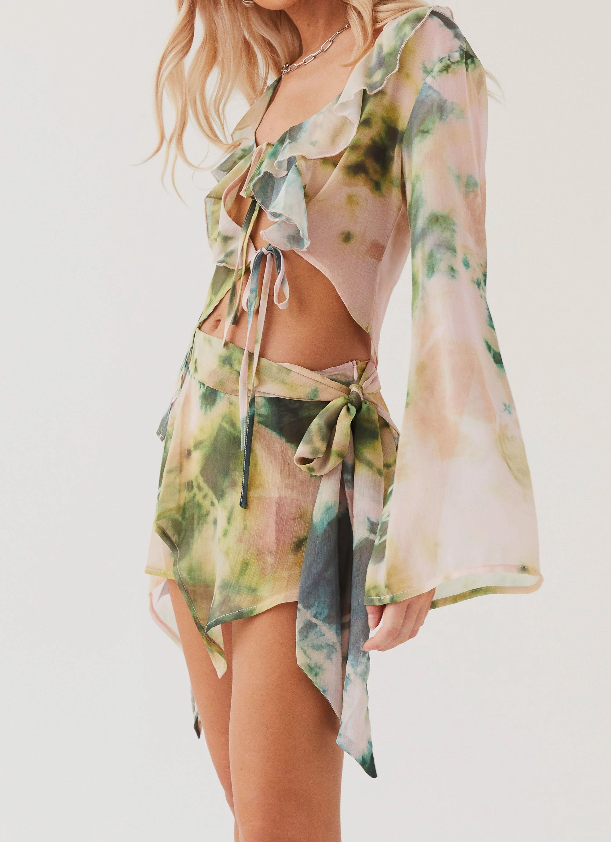 Sariah Tie Mini Skirt - Rainforest Drop Tail Hem Ripstop Fabric Technology