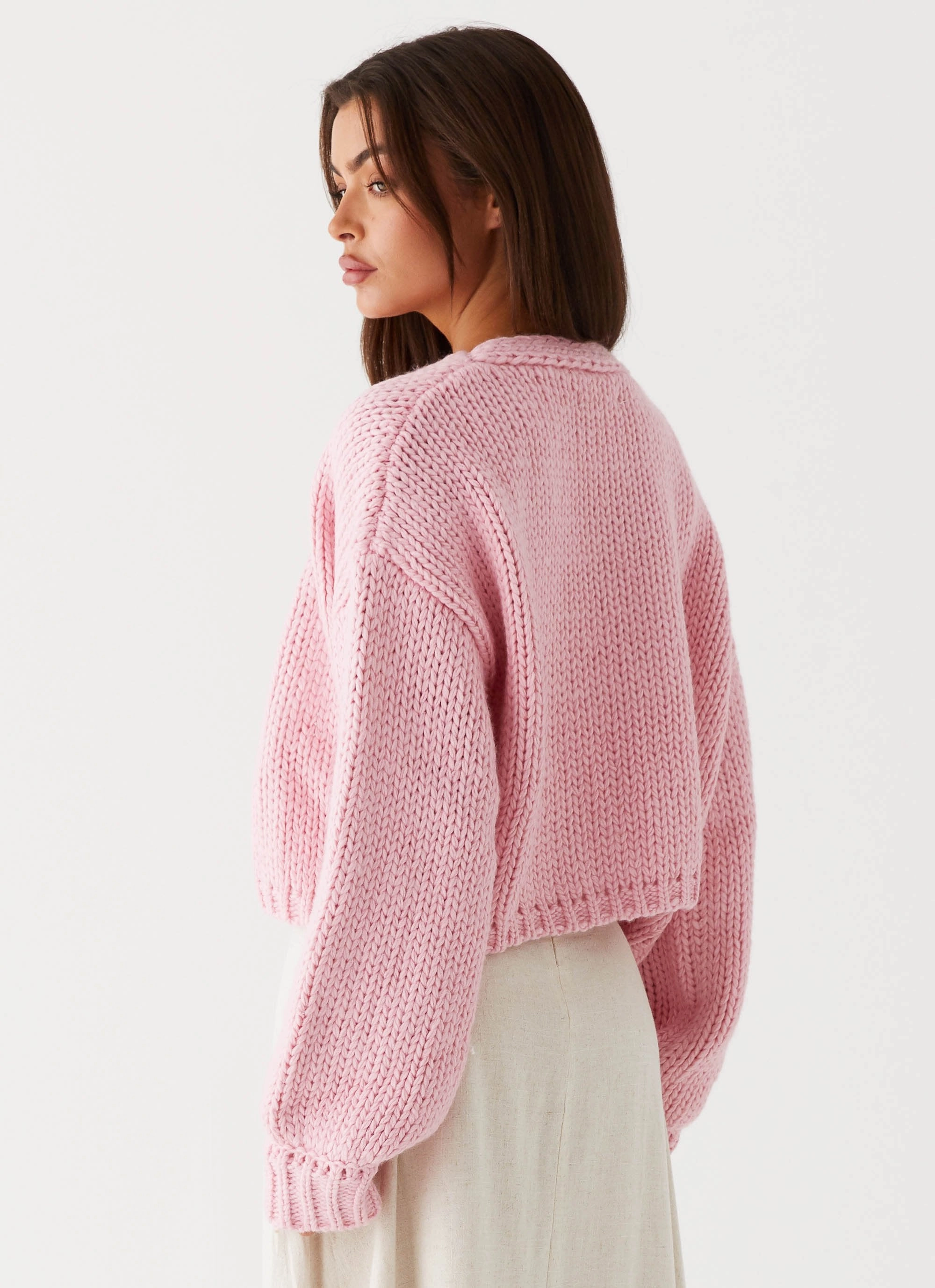 Windproof Cuffs High Collar Options Jasleen Knit Cardigan - Pink