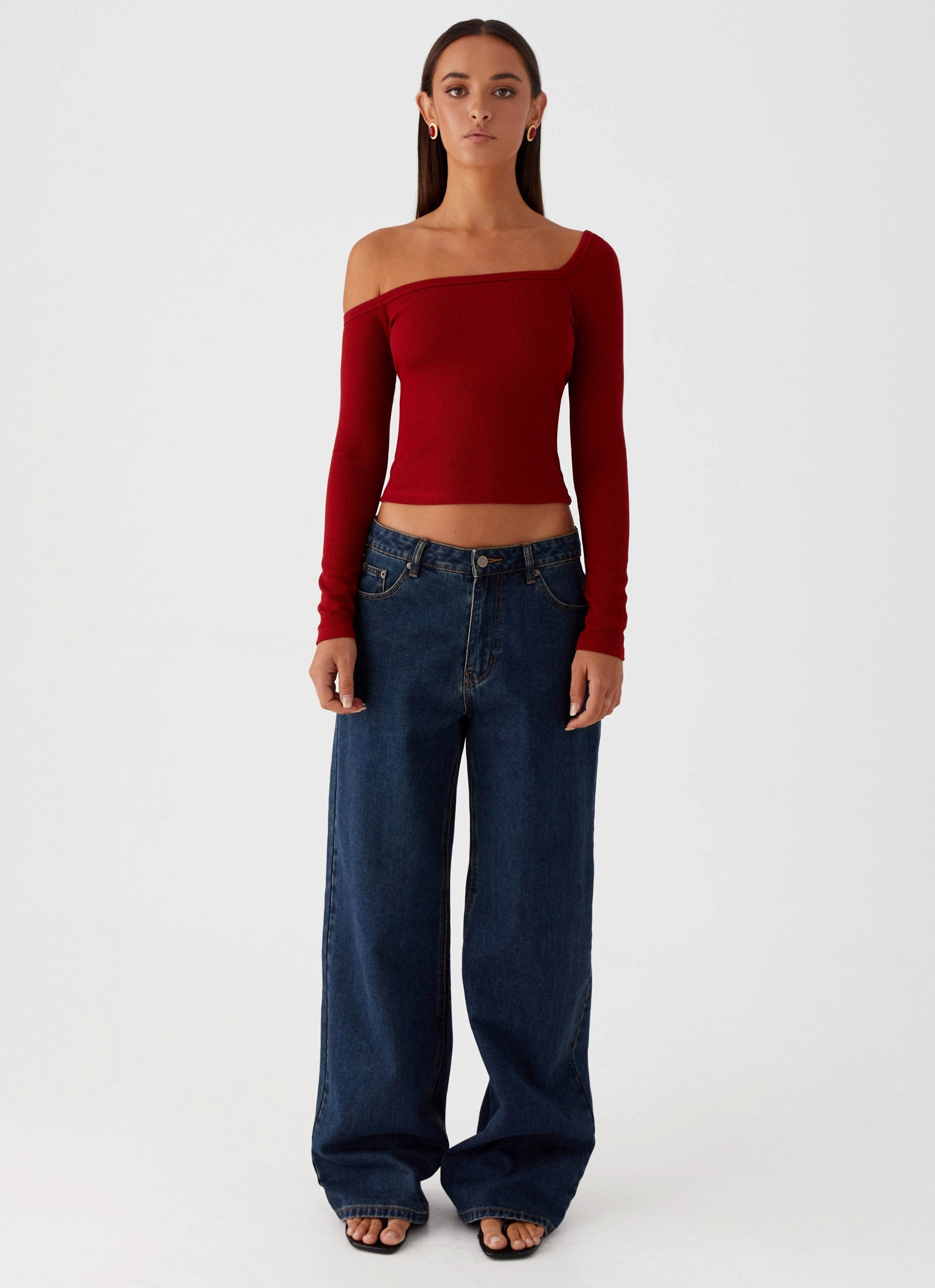 Talia Asymmetric Long Sleeve Top - Red UVProtectionCoating Button Down Collar