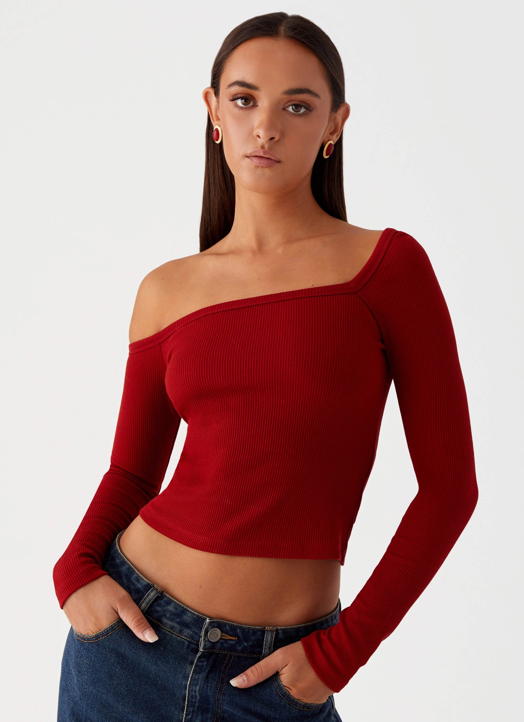 Talia Asymmetric Long Sleeve Top - Red MidweightJersey MeshLining