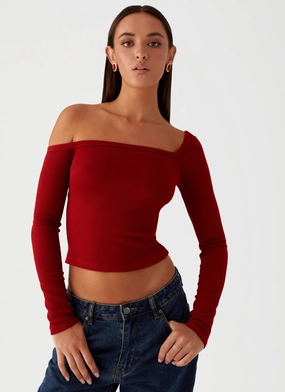 Reflective Trim Details Talia Asymmetric Long Sleeve Top - Red