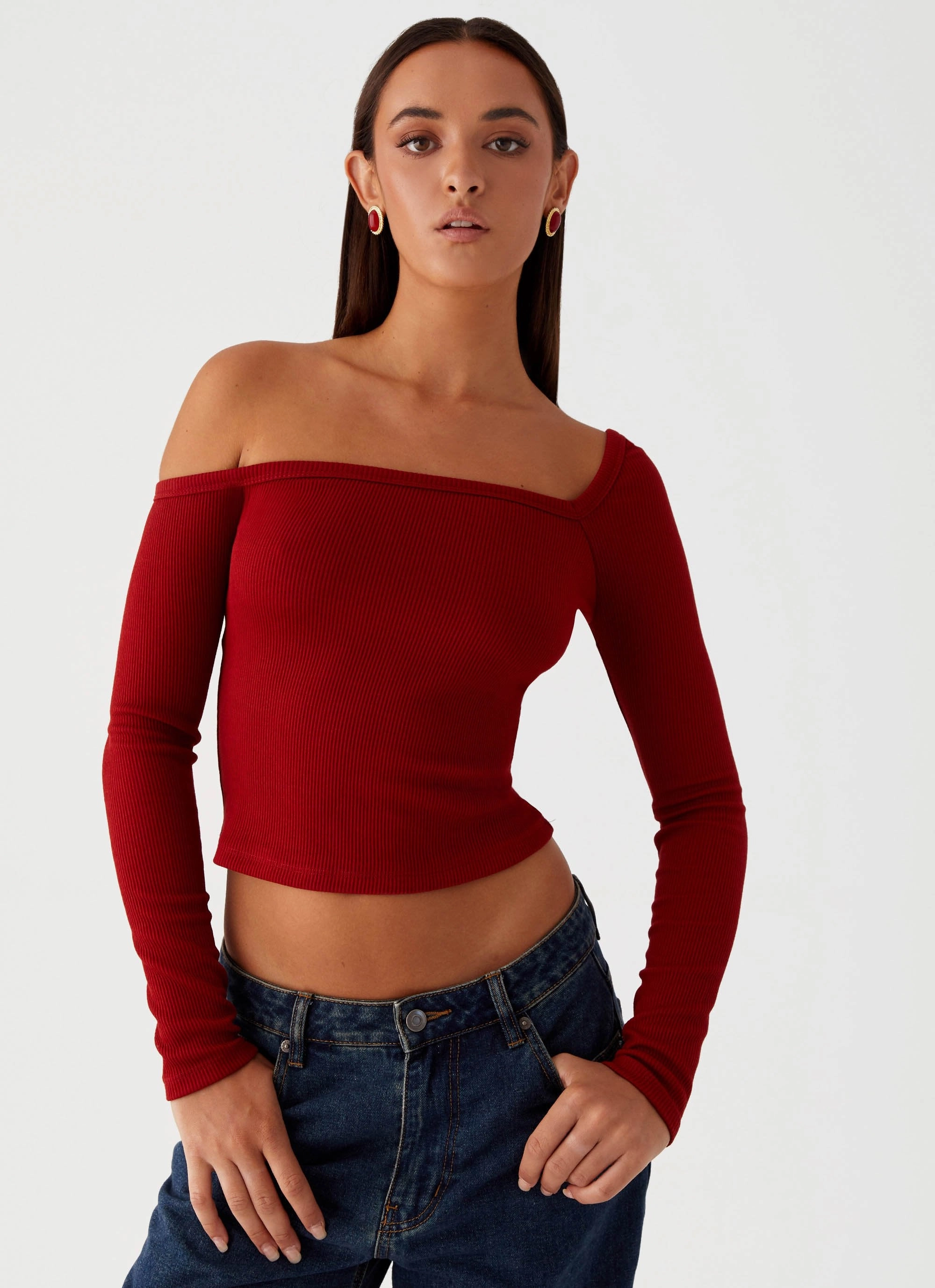 Reflective Trim Details Talia Asymmetric Long Sleeve Top - Red