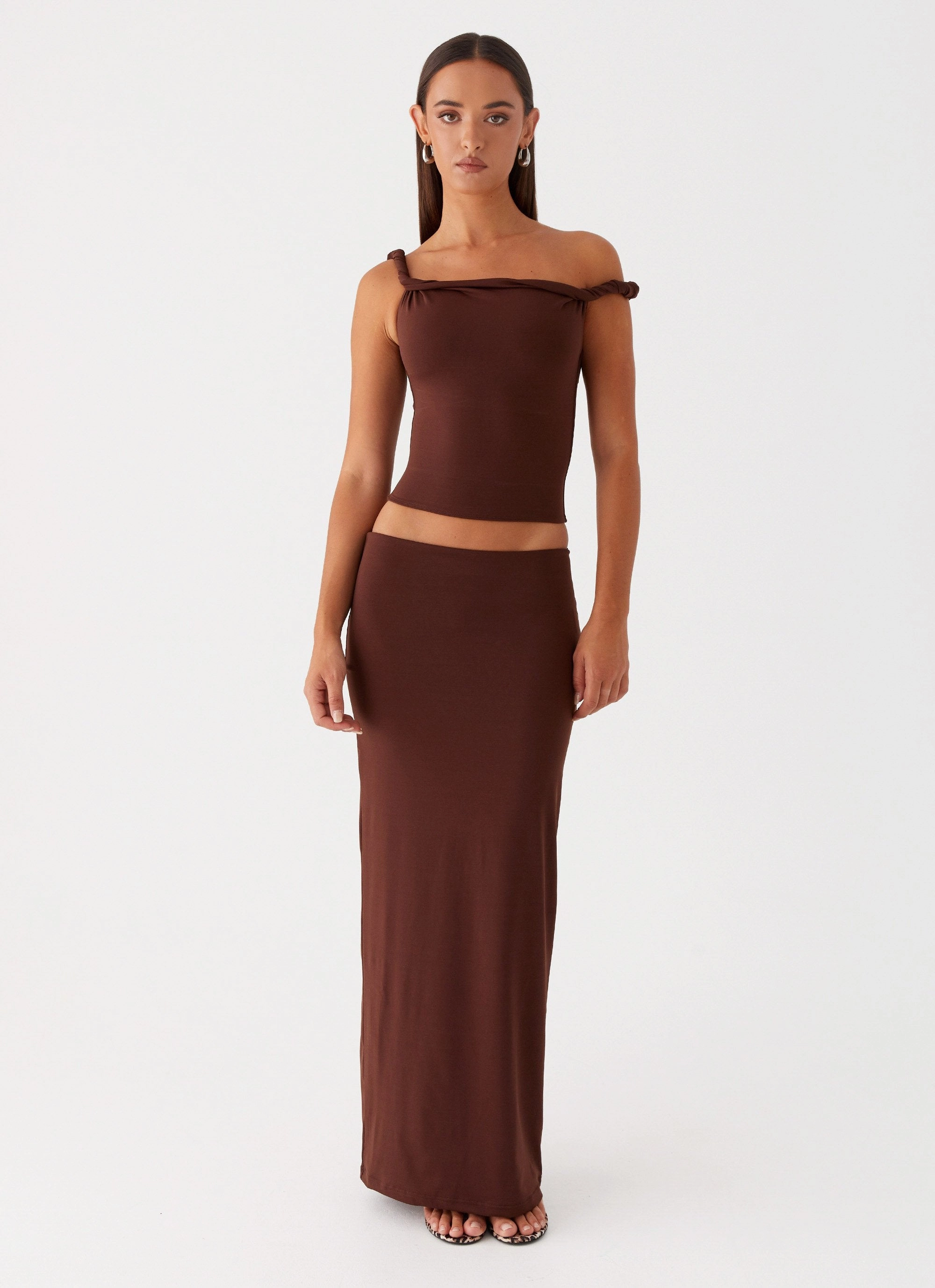 Bamboo Derived Material Solace Soul Twist Shoulder Top - Chocolate