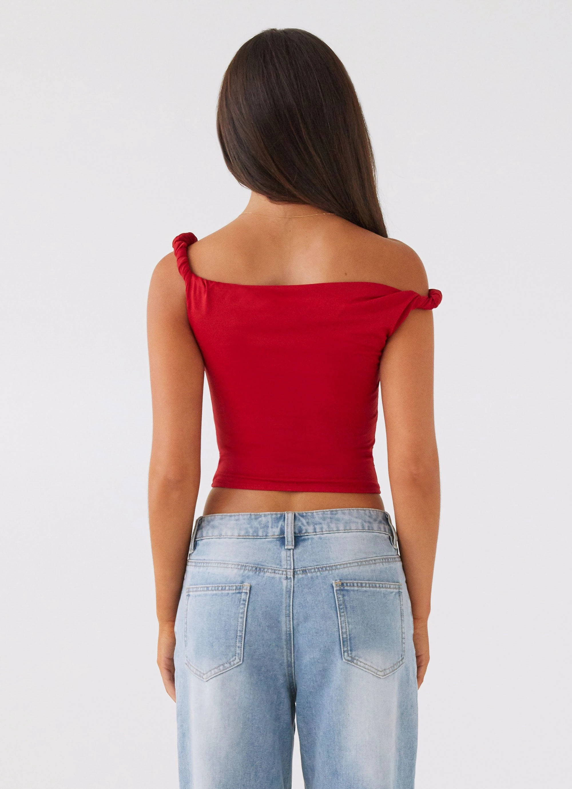 Cozy Sweatshirt Solace Soul Twist Shoulder Top - Red