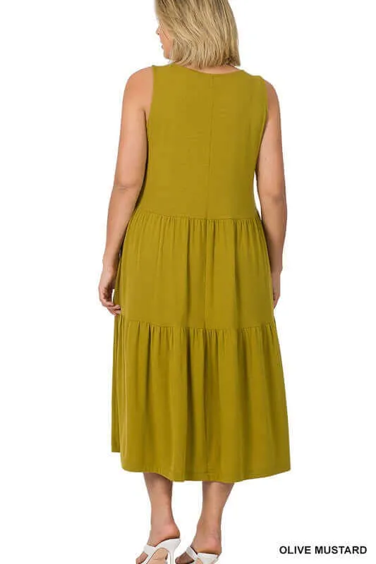 Solid Plus Size Sleeveless Tiered Midi Dress