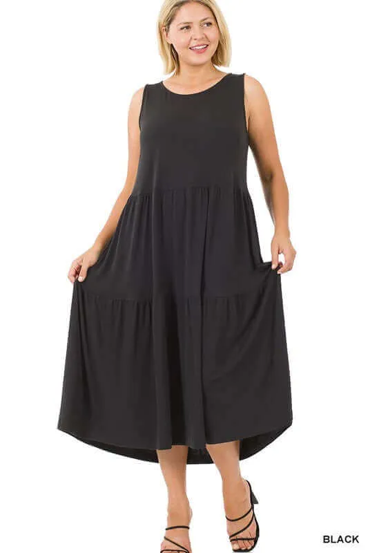 Solid Plus Size Sleeveless Tiered Midi Dress